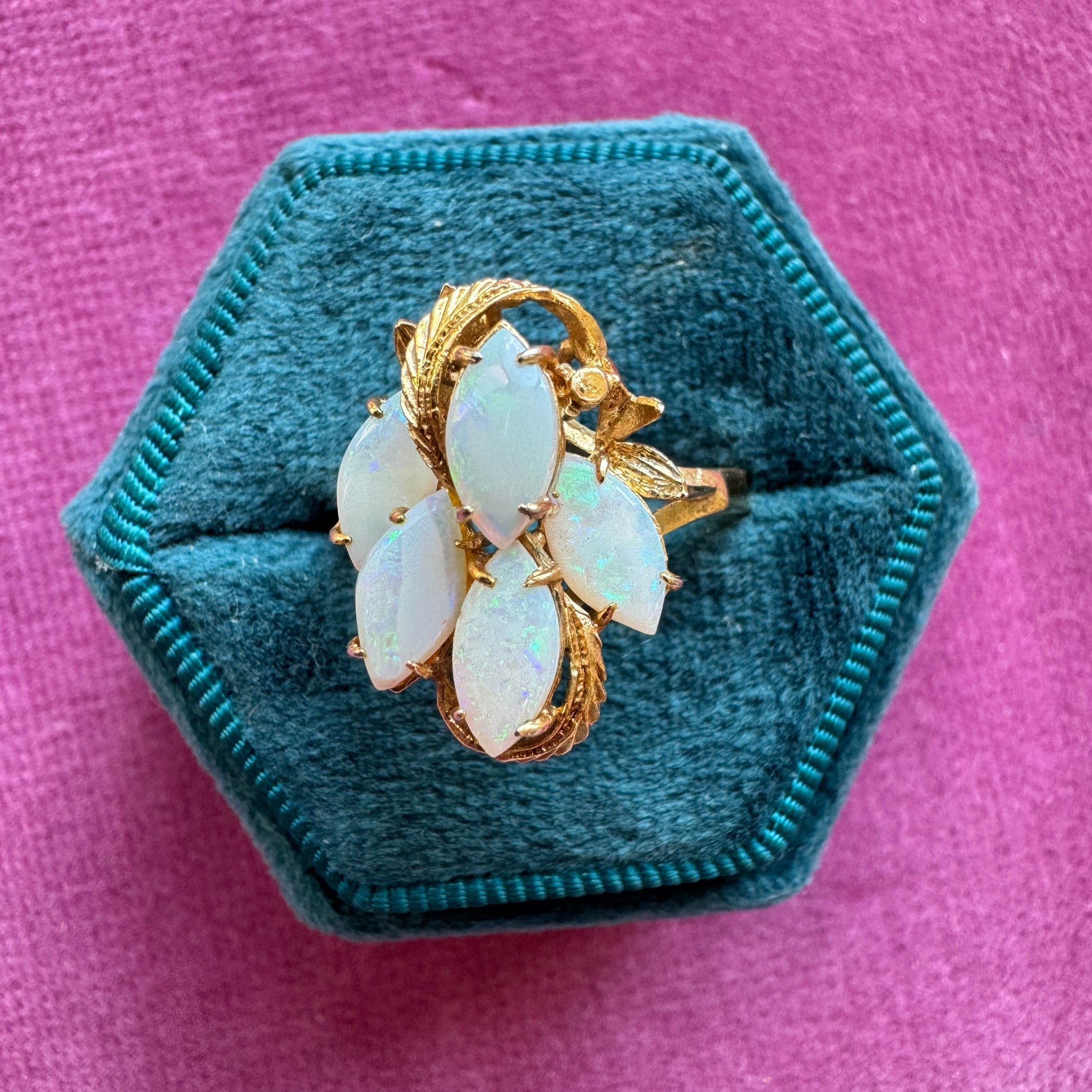 Iridescent vintage gold plated opal ring