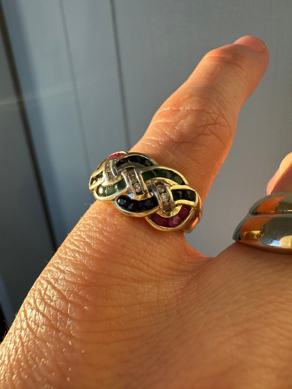 emerald, sapphire, ruby + diamond pretzel band