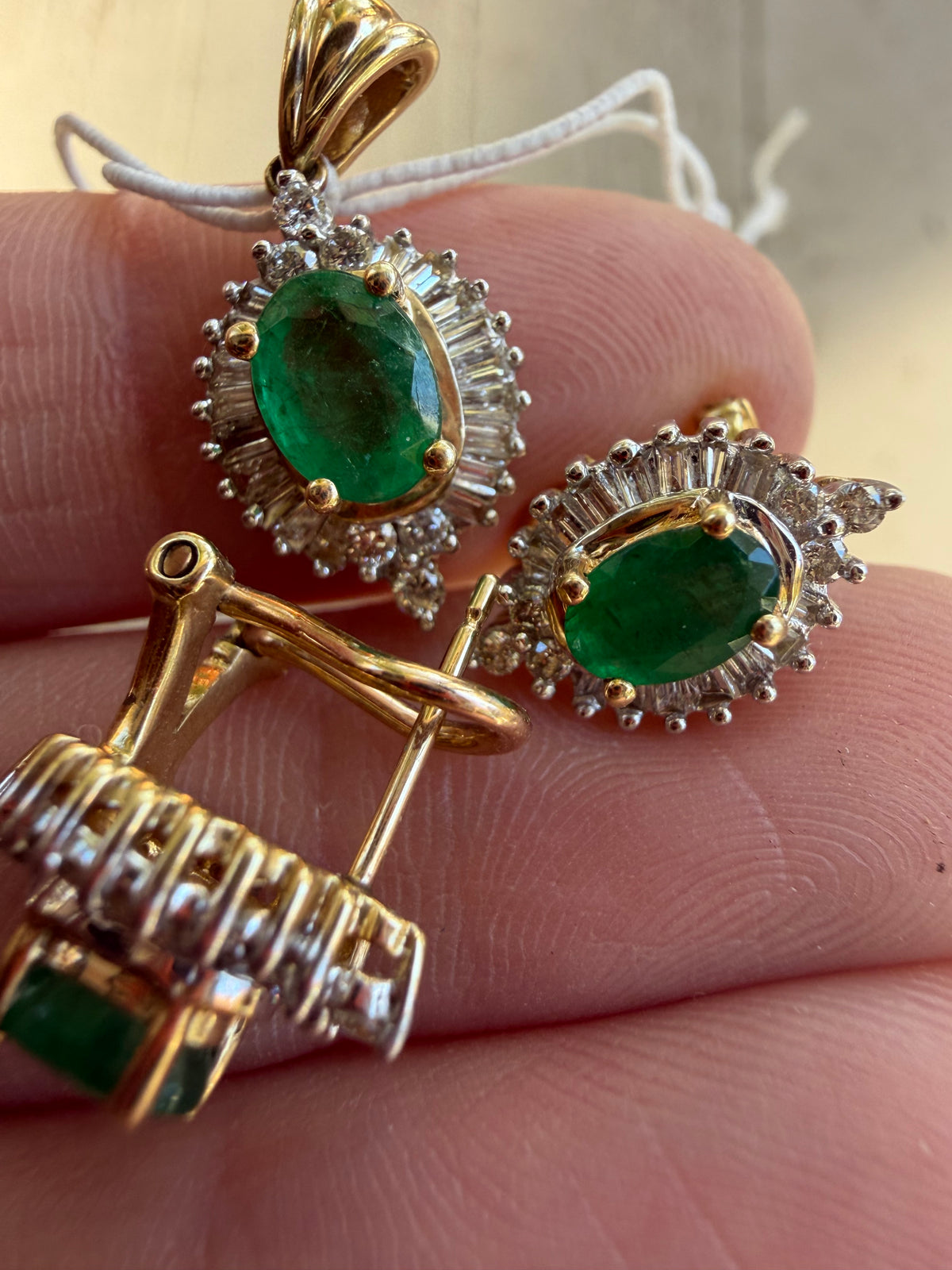 natural emerald and diamond omega back earring