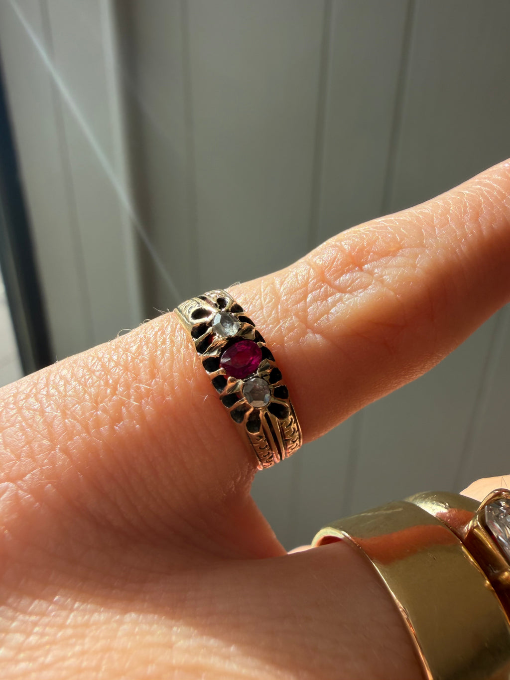 antique ruby and single cut diamond ring