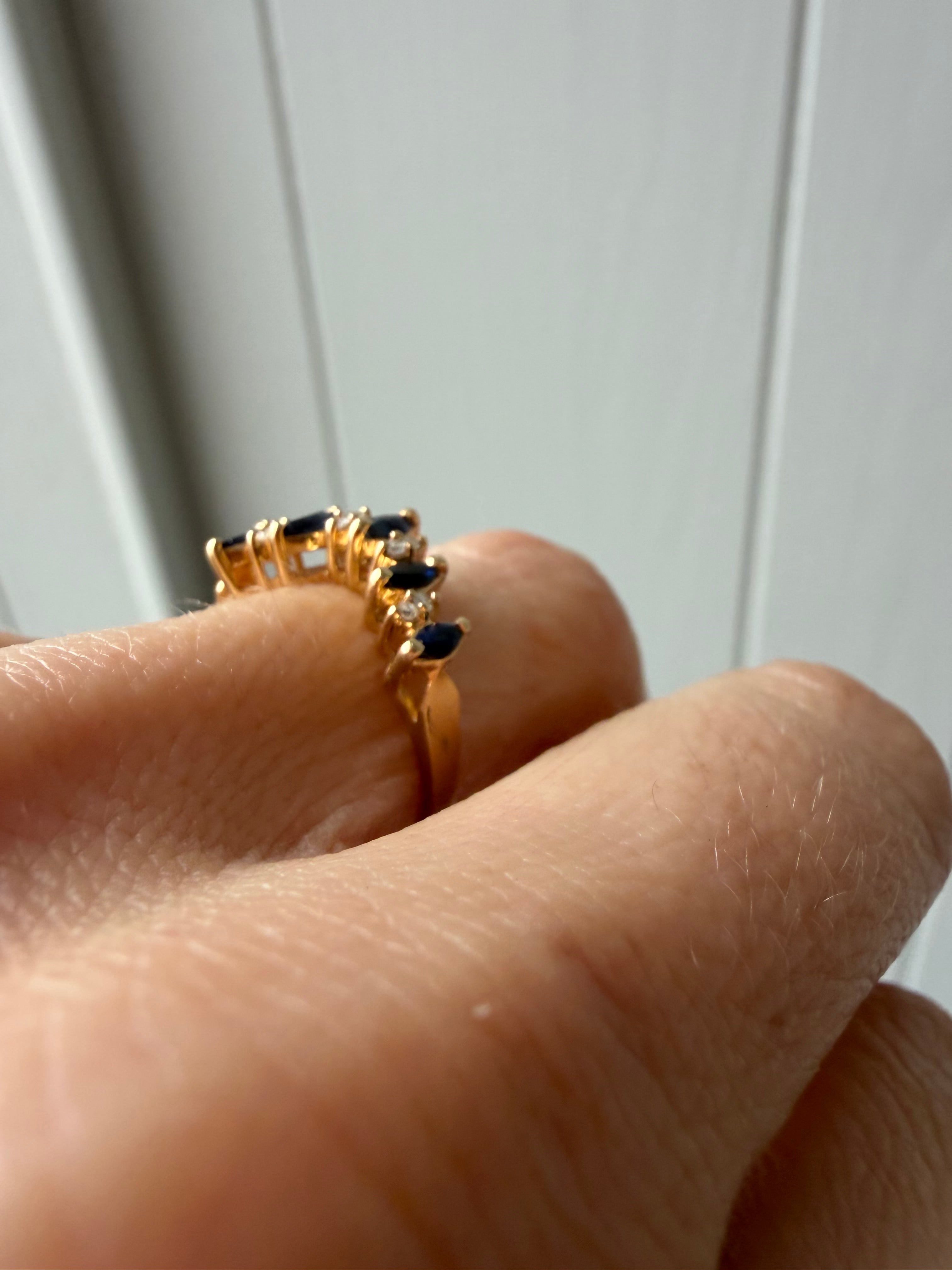 V shaped diamond and sapphire ring