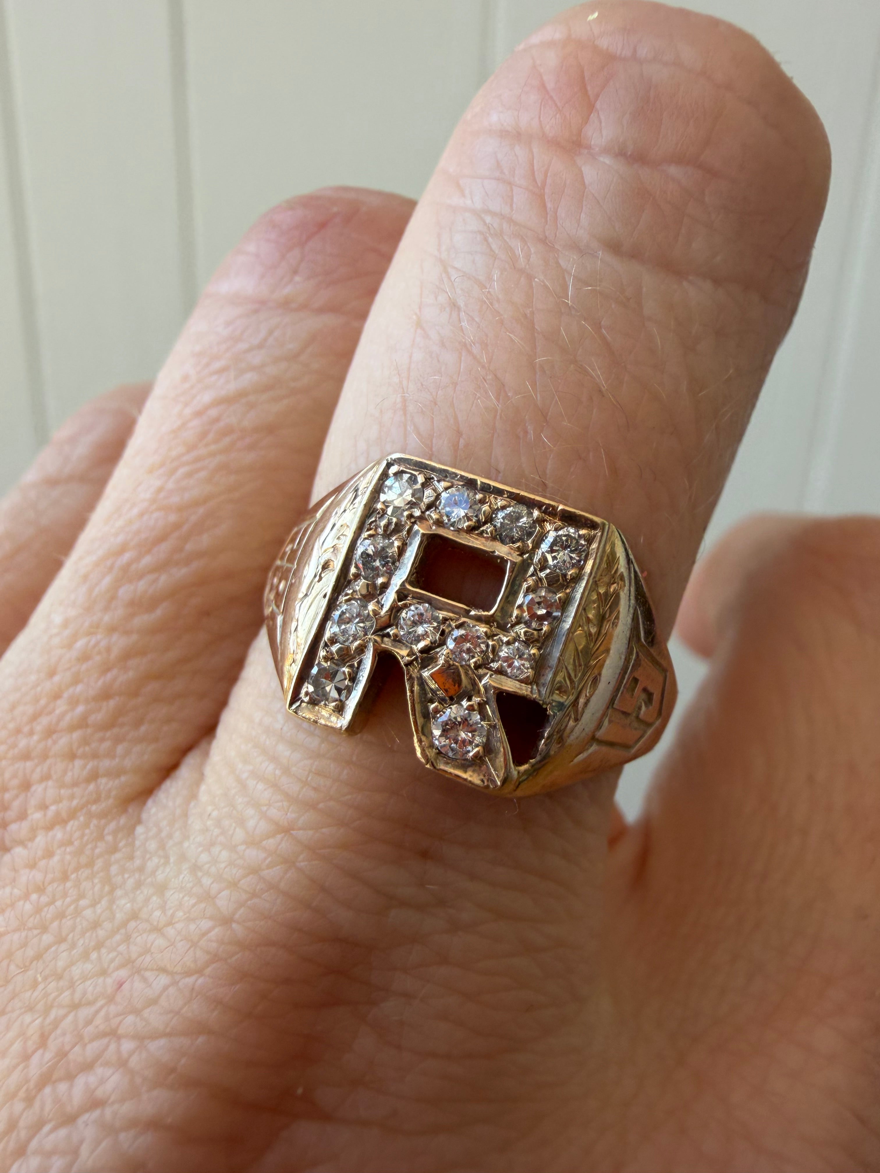 1928 diamond R signet ring