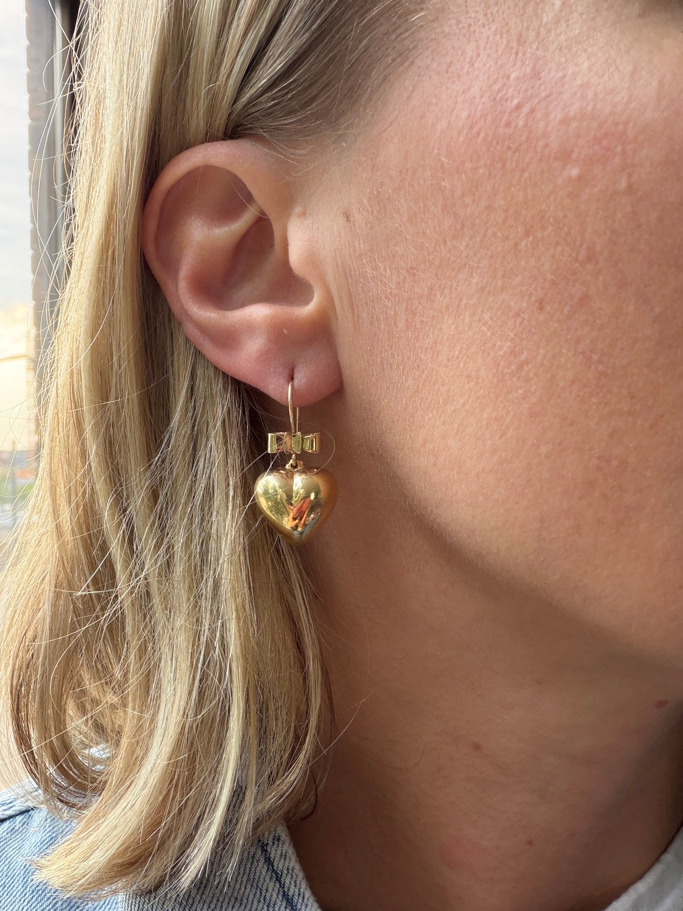 puffy heart and bow hook back earring