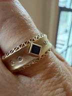 square cut sapphire and flush diamond ring