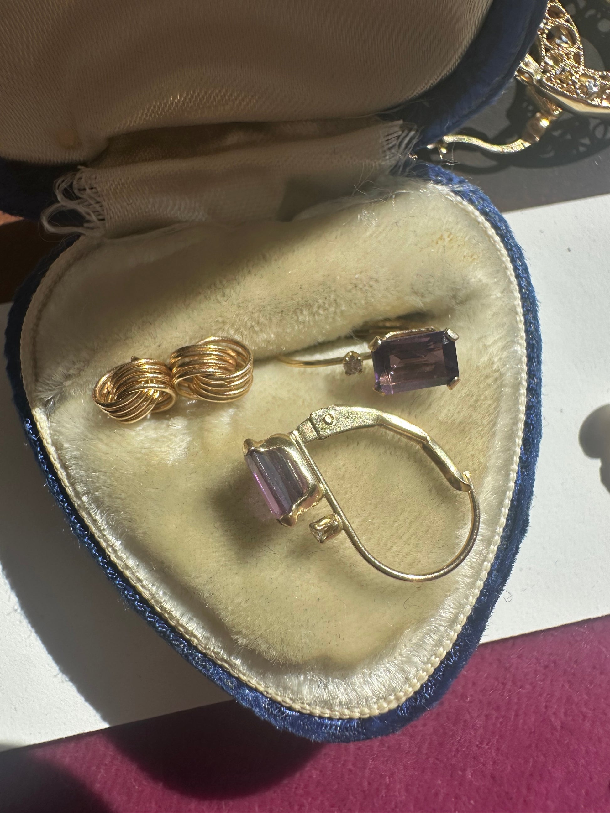 knot studs and amethyst leverback