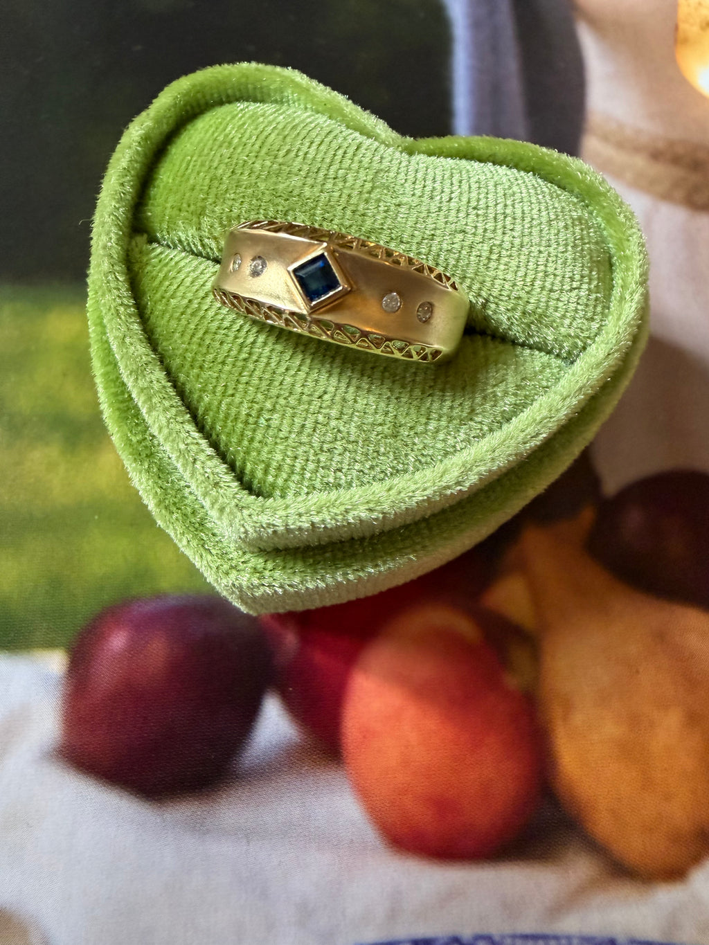 square cut sapphire and flush diamond ring