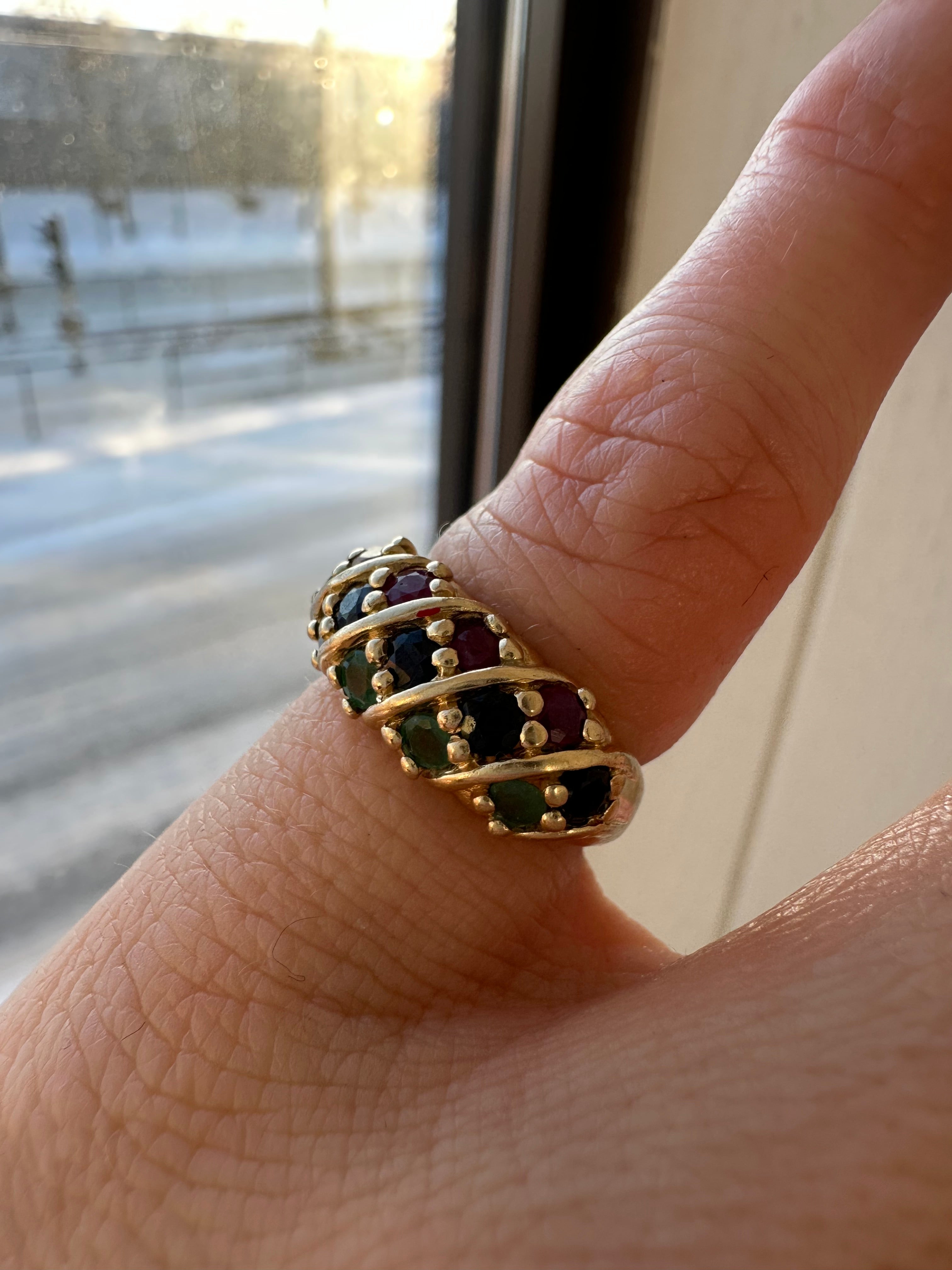 emerald, sapphire + ruby ring