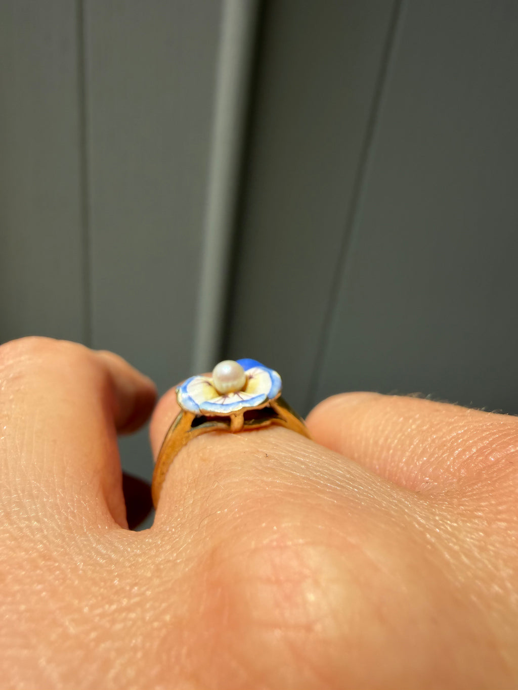 blue enamel pansy and pearl ring
