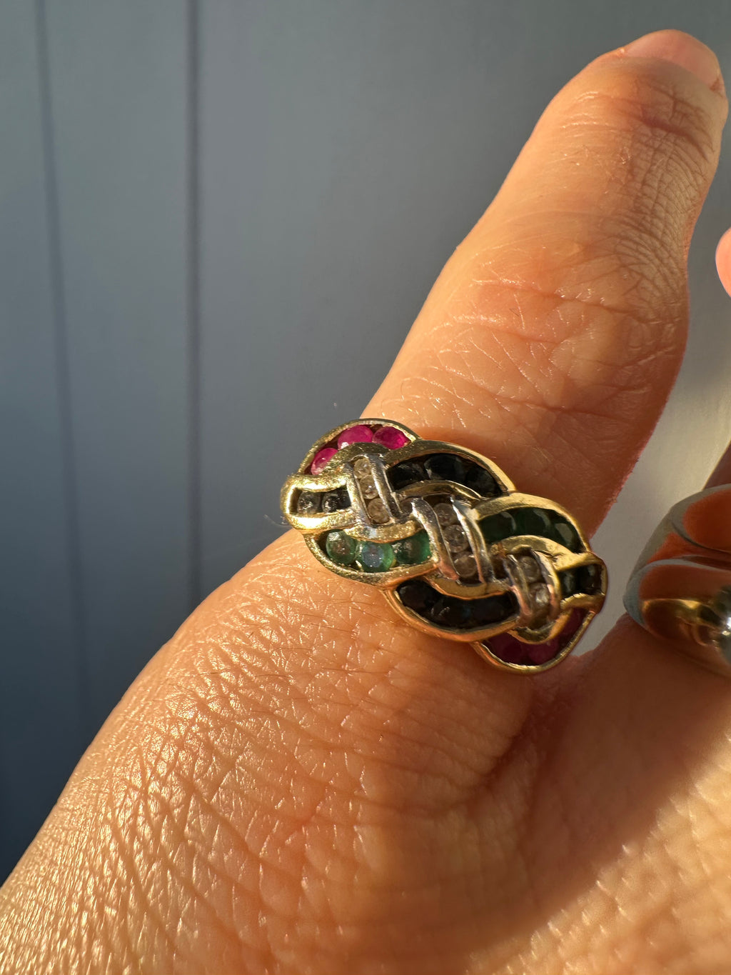 emerald, sapphire, ruby + diamond pretzel band
