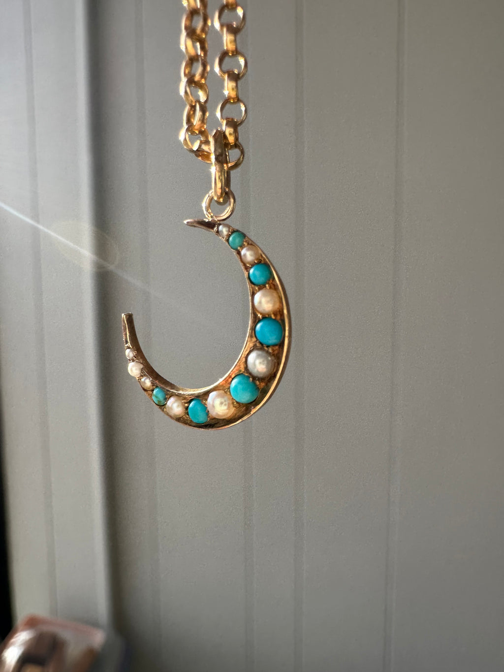 antique seed pearl and turquoise crescent moon // pin conversion
