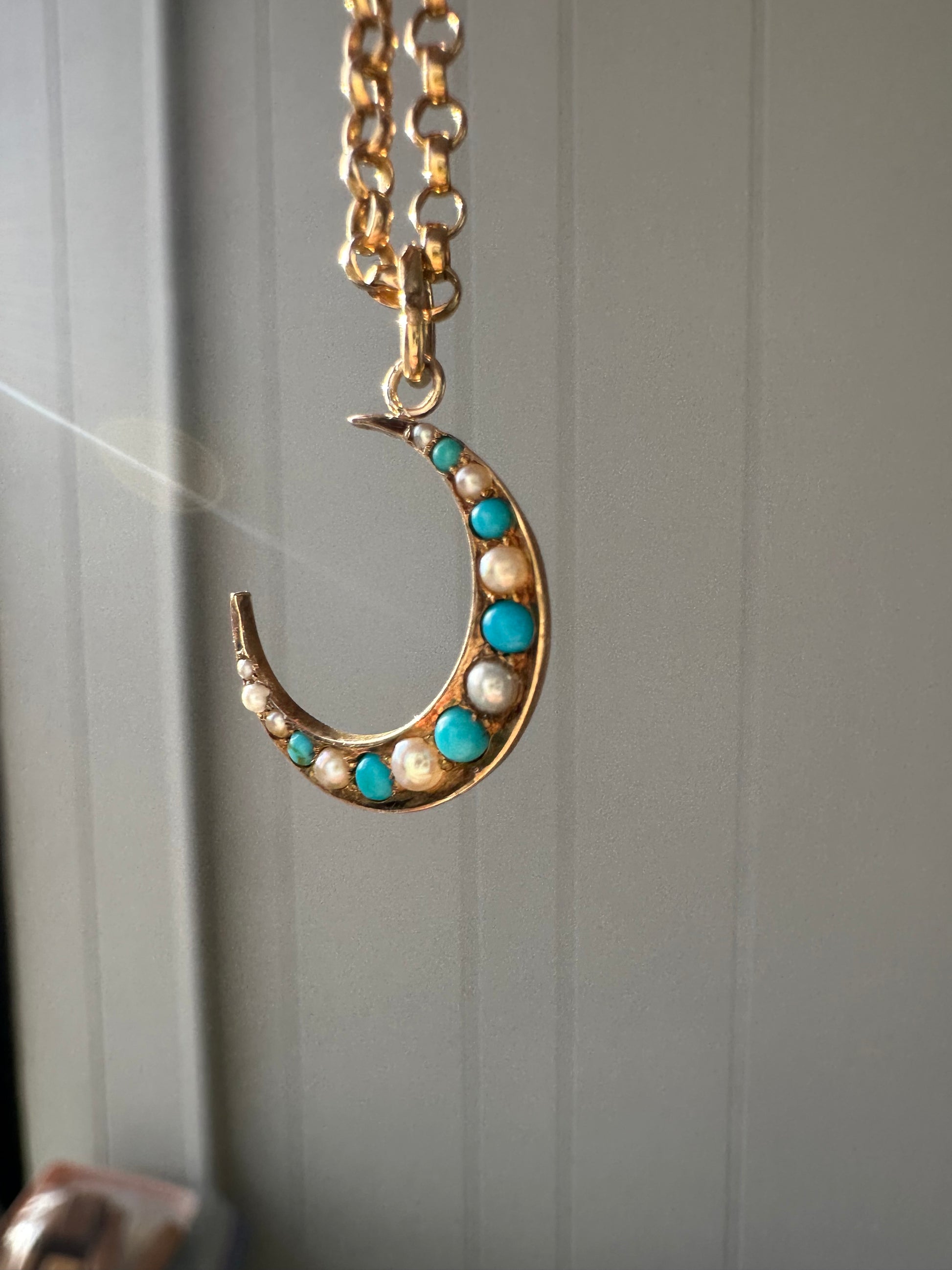 antique seed pearl and turquoise crescent moon // pin conversion