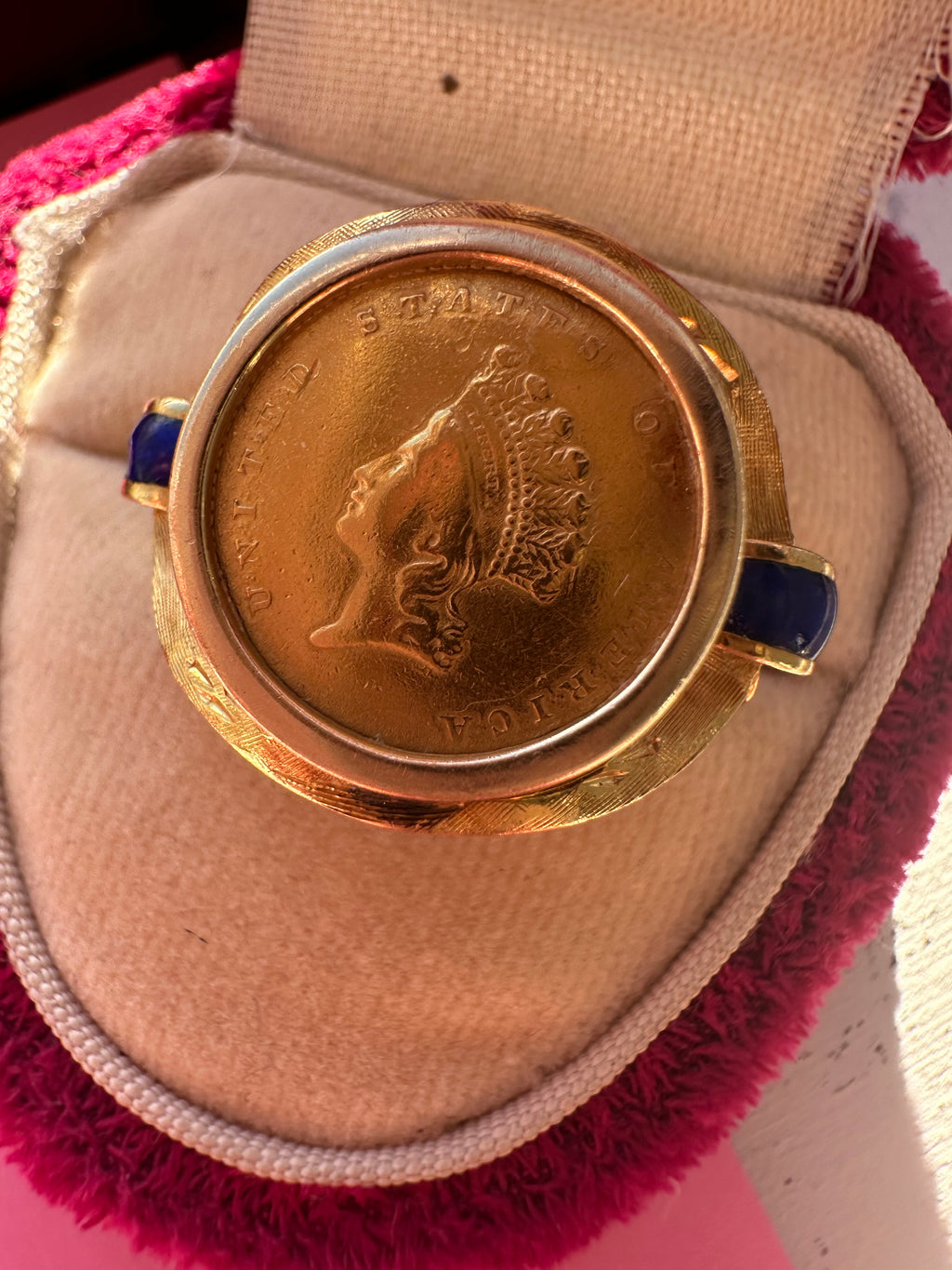 18k gold and blue enamel coin ring