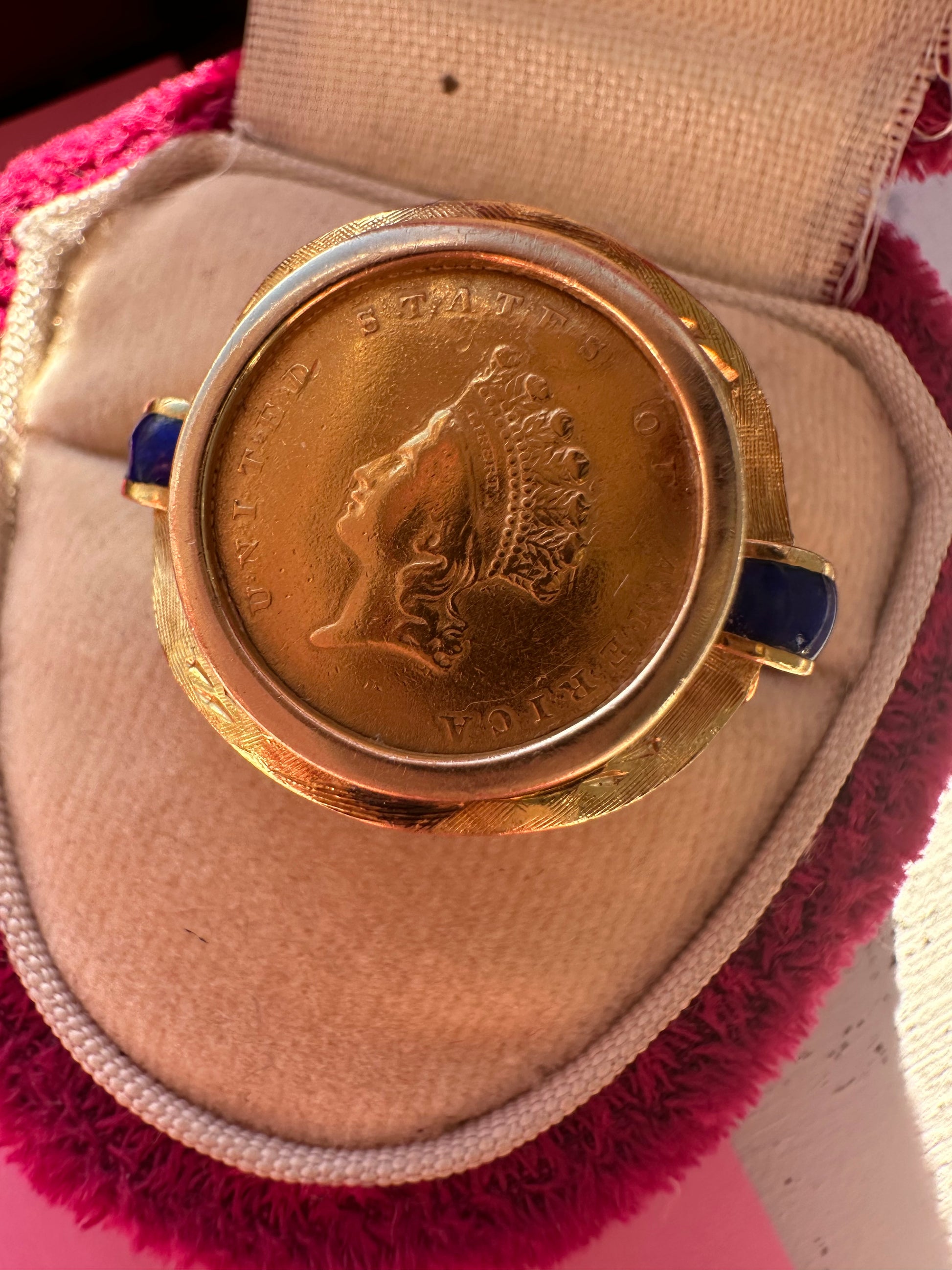 18k gold and blue enamel coin ring