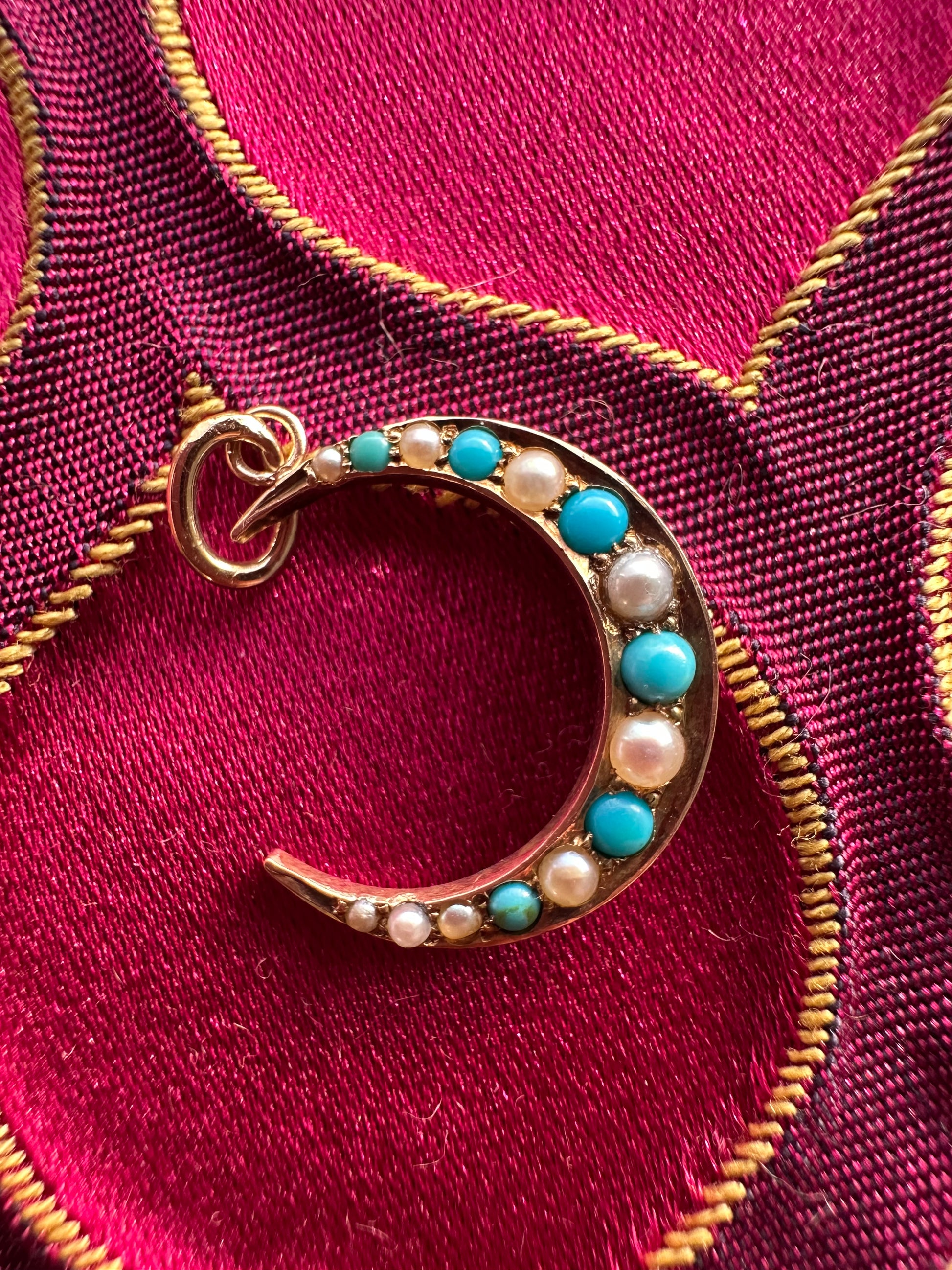 antique seed pearl and turquoise crescent moon // pin conversion