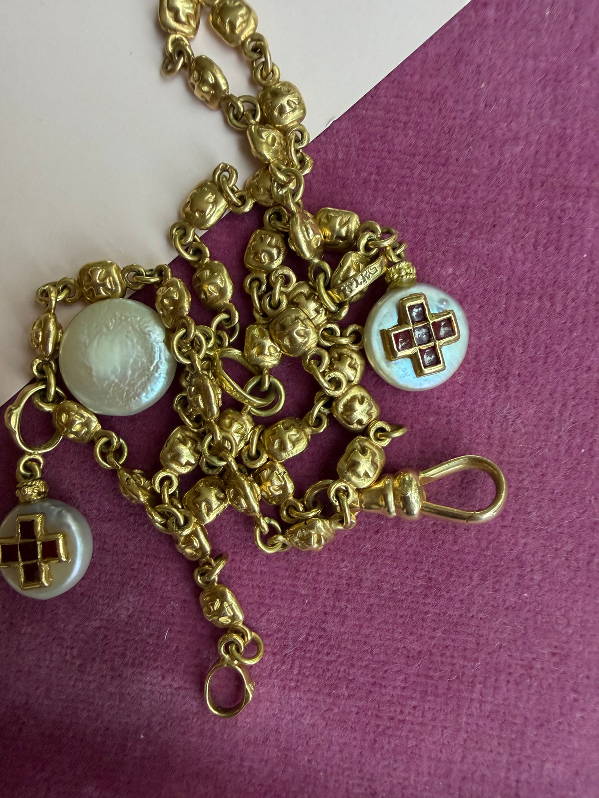16.75" cross link 18k with ruby and pearl pendants