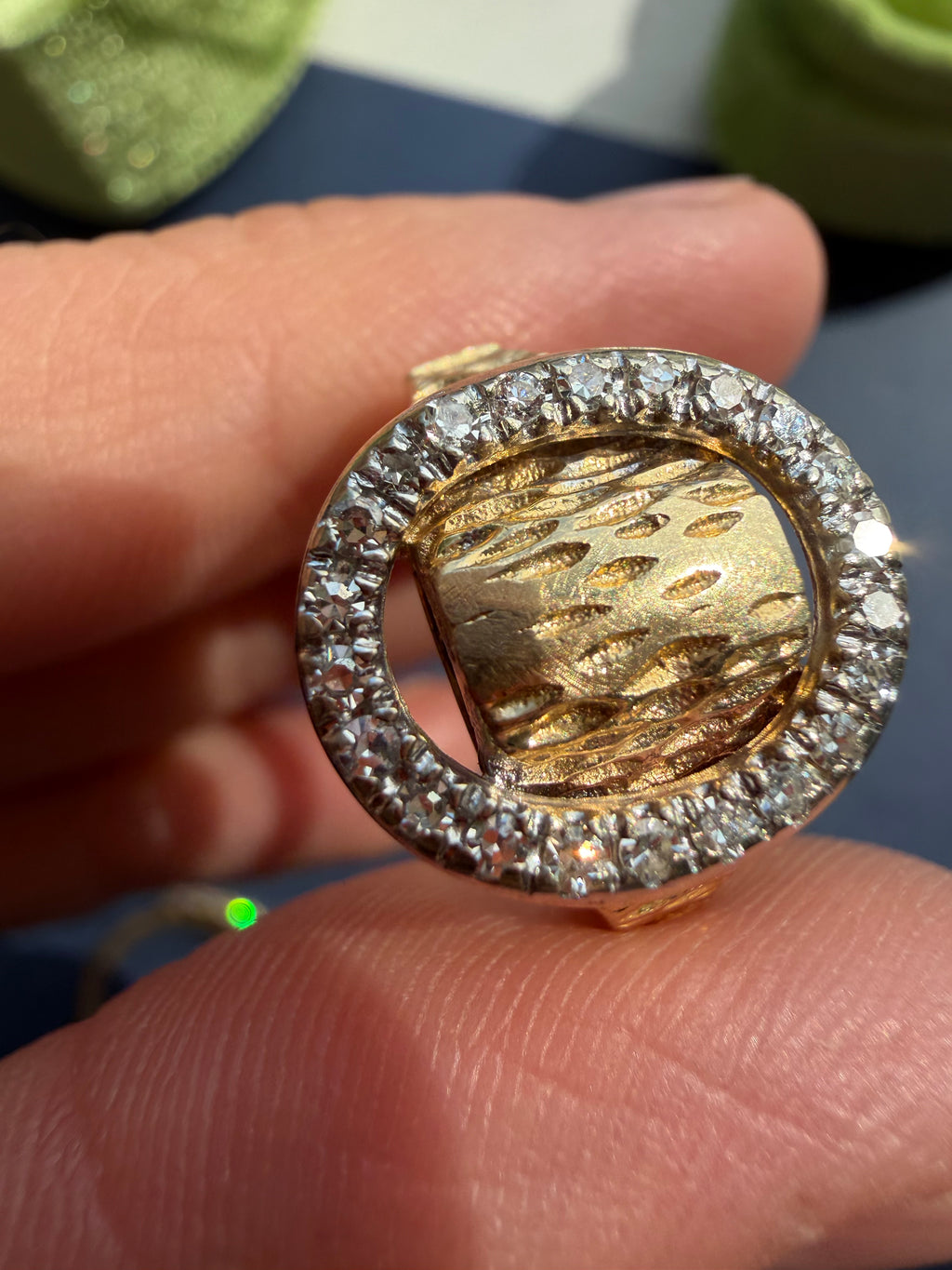 diamond oval and gold textured ring