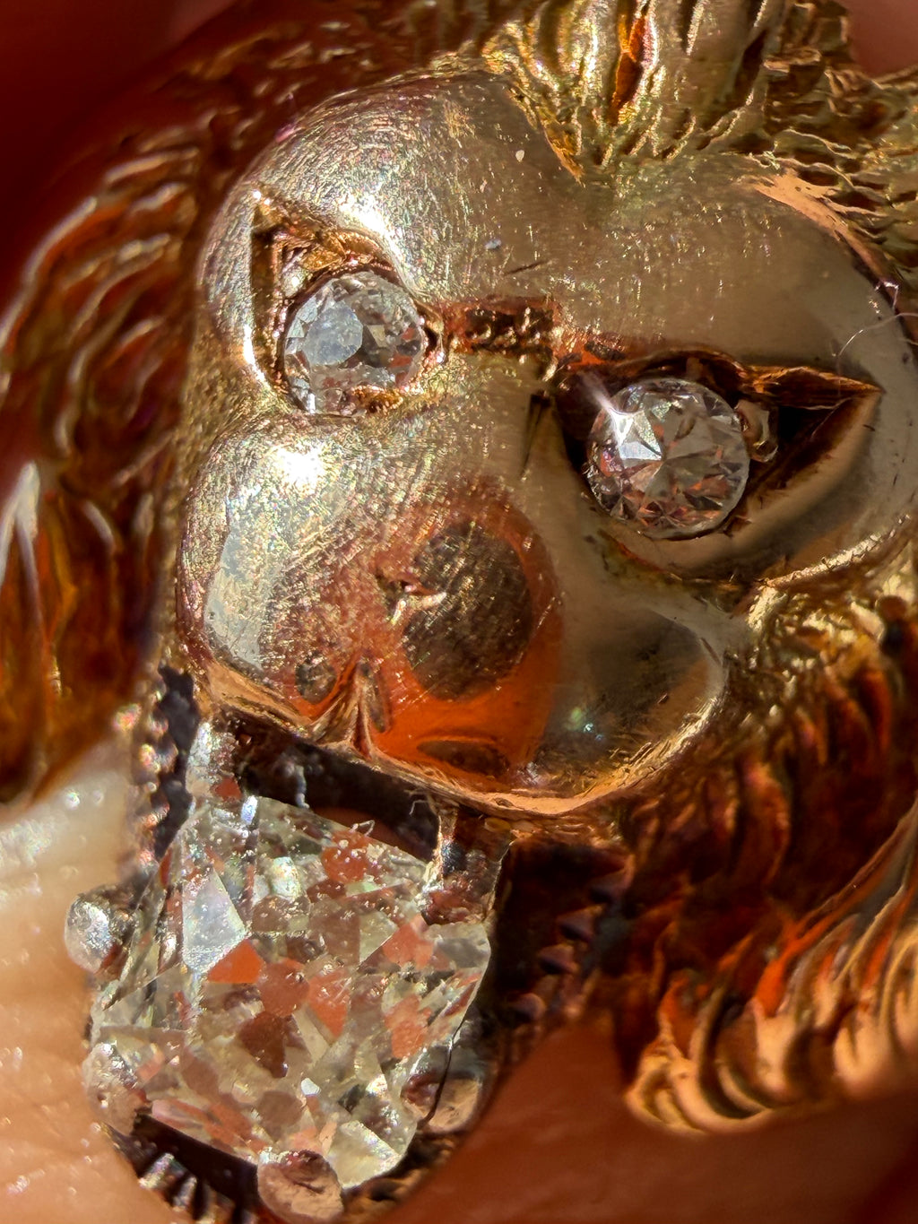 lion ring with cushion cut Old Mine Cut diamond