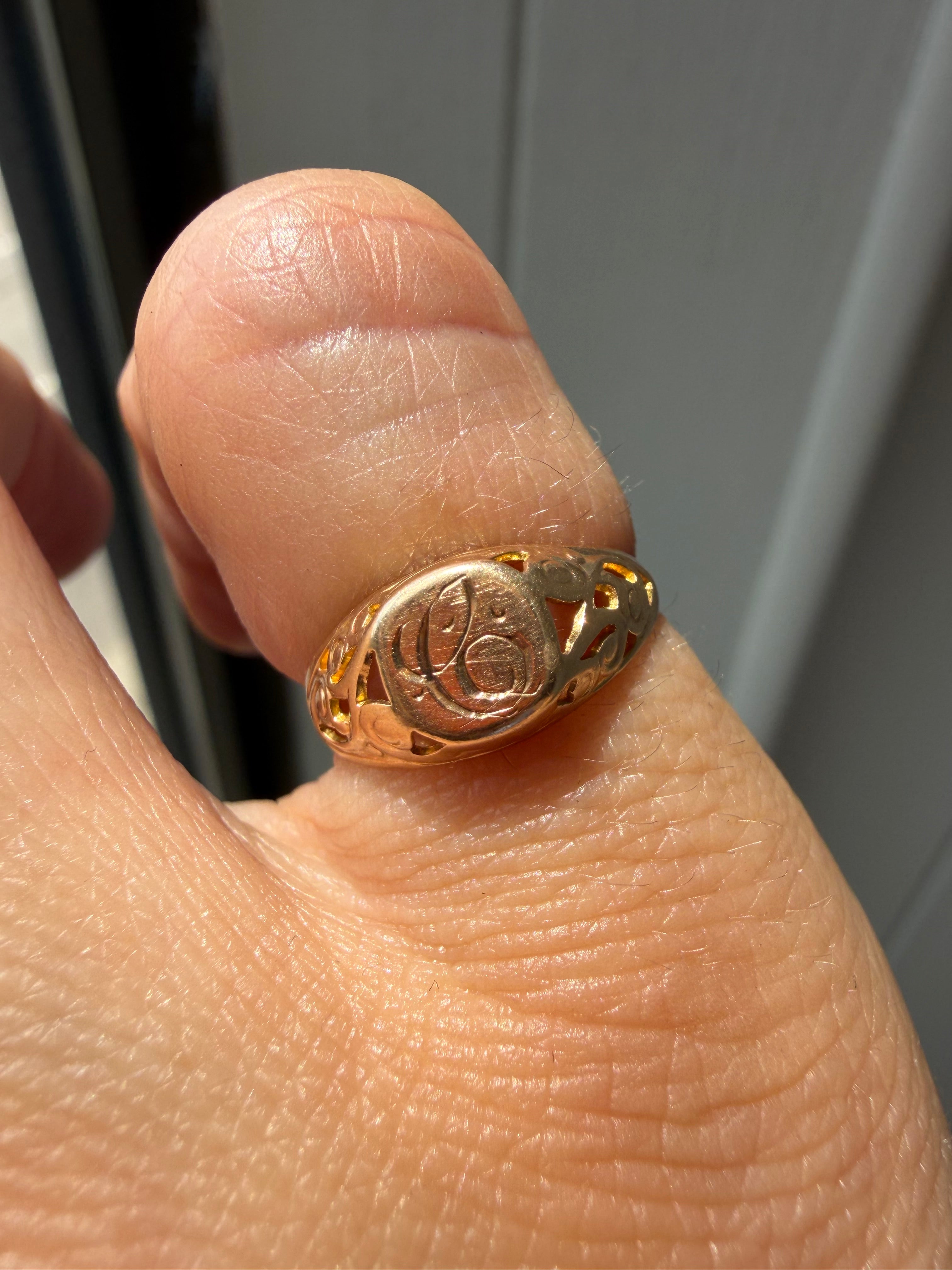 pinky signet with open work and letter C