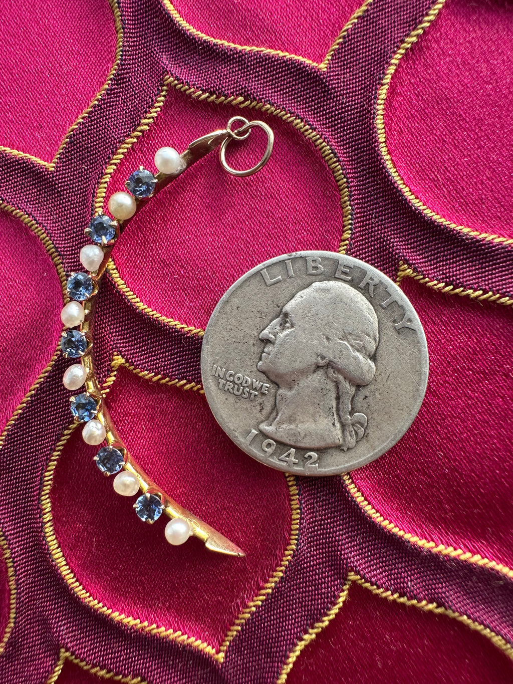antique sapphire + pearl crescent // pin conversion