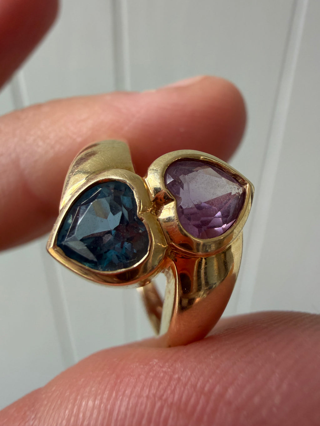 London blue topaz and amethyst double heart ring