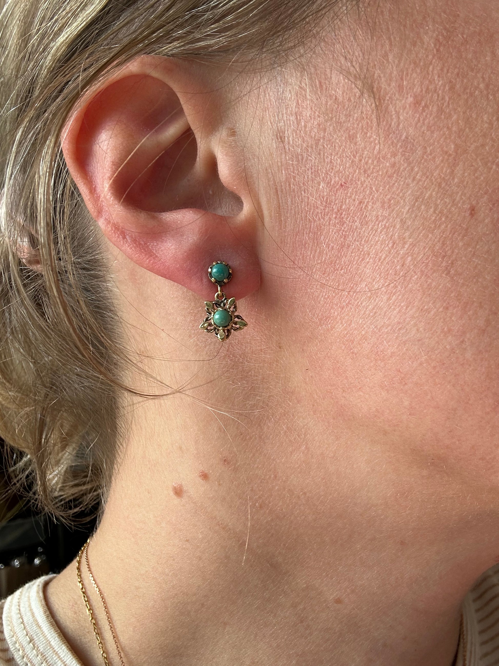 turquoise and gold flower stud dangles