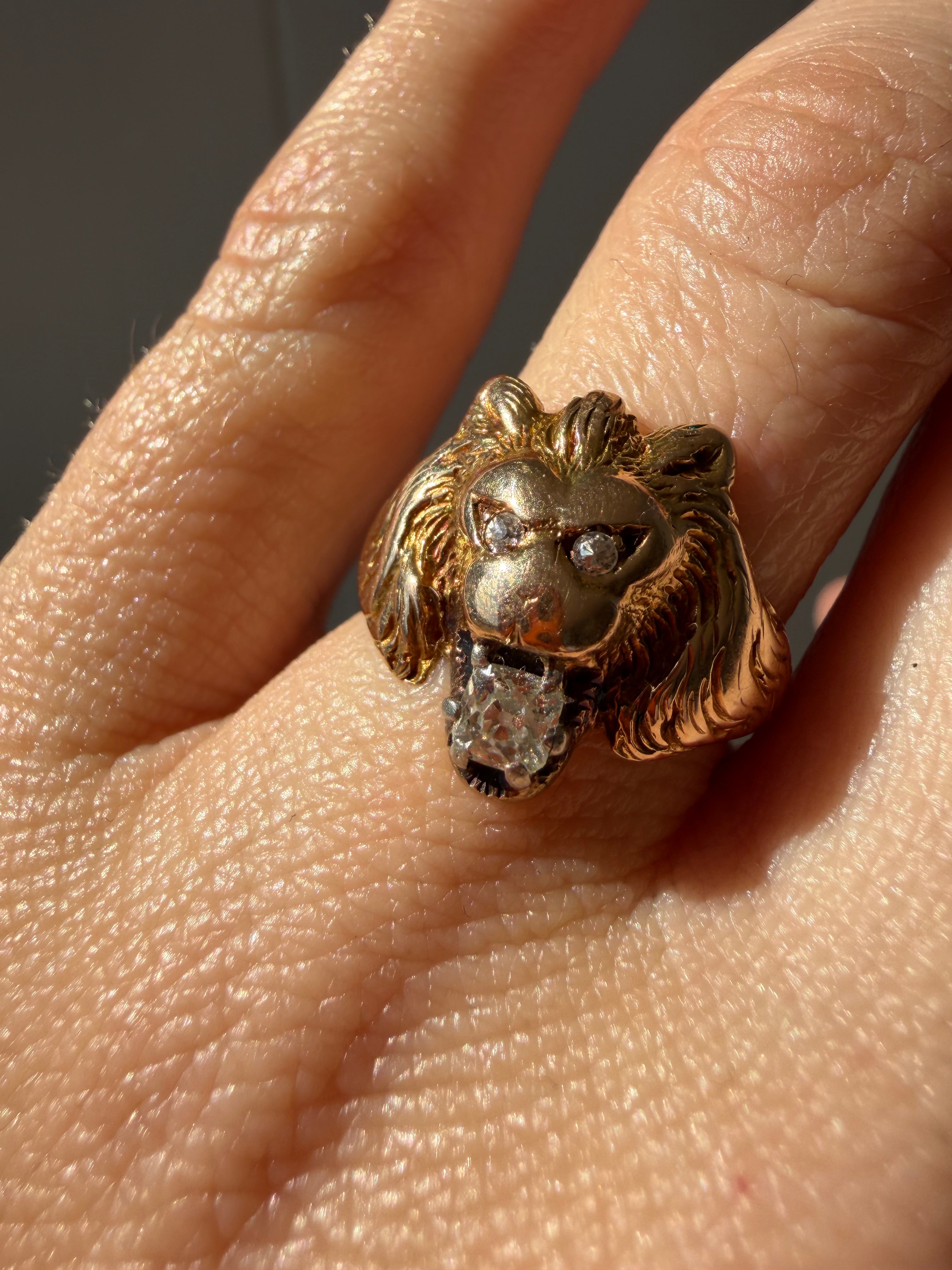 lion ring with cushion cut Old Mine Cut diamond