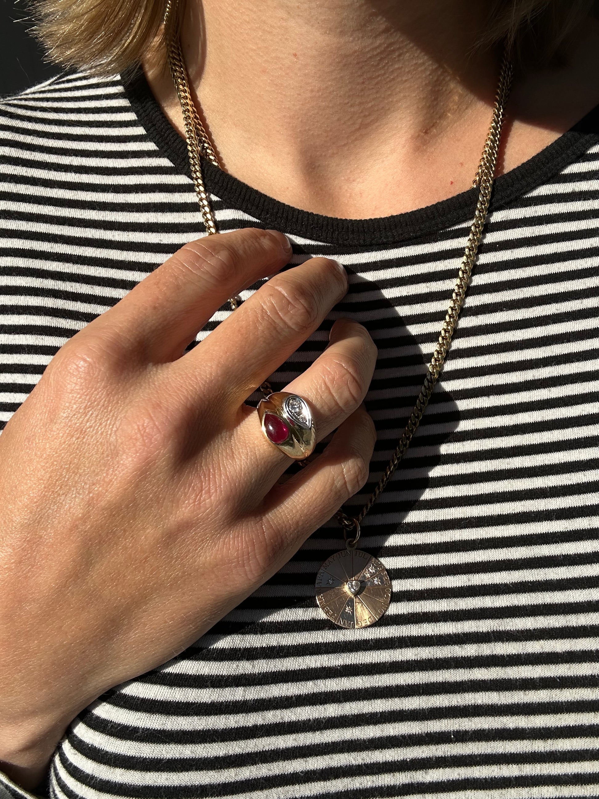 ruby cabochon and diamond side by side ring