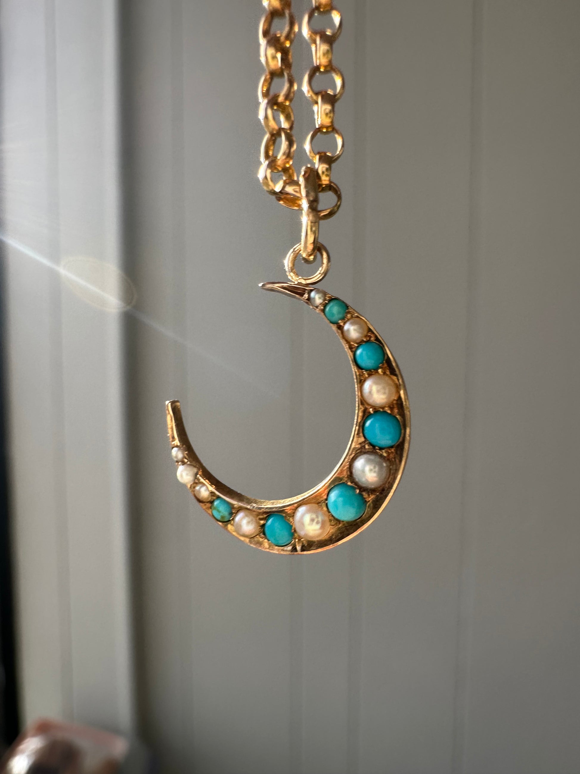 antique seed pearl and turquoise crescent moon // pin conversion