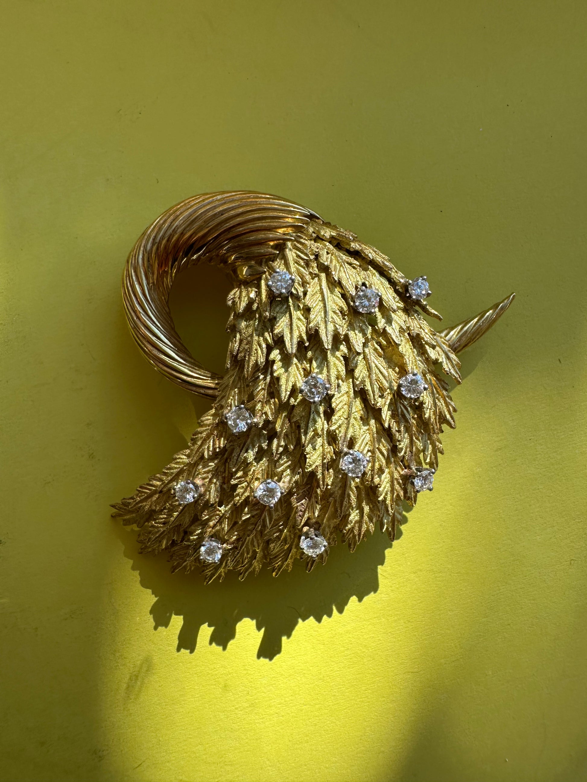 vintage cornucopia feather leaf and diamond brooch