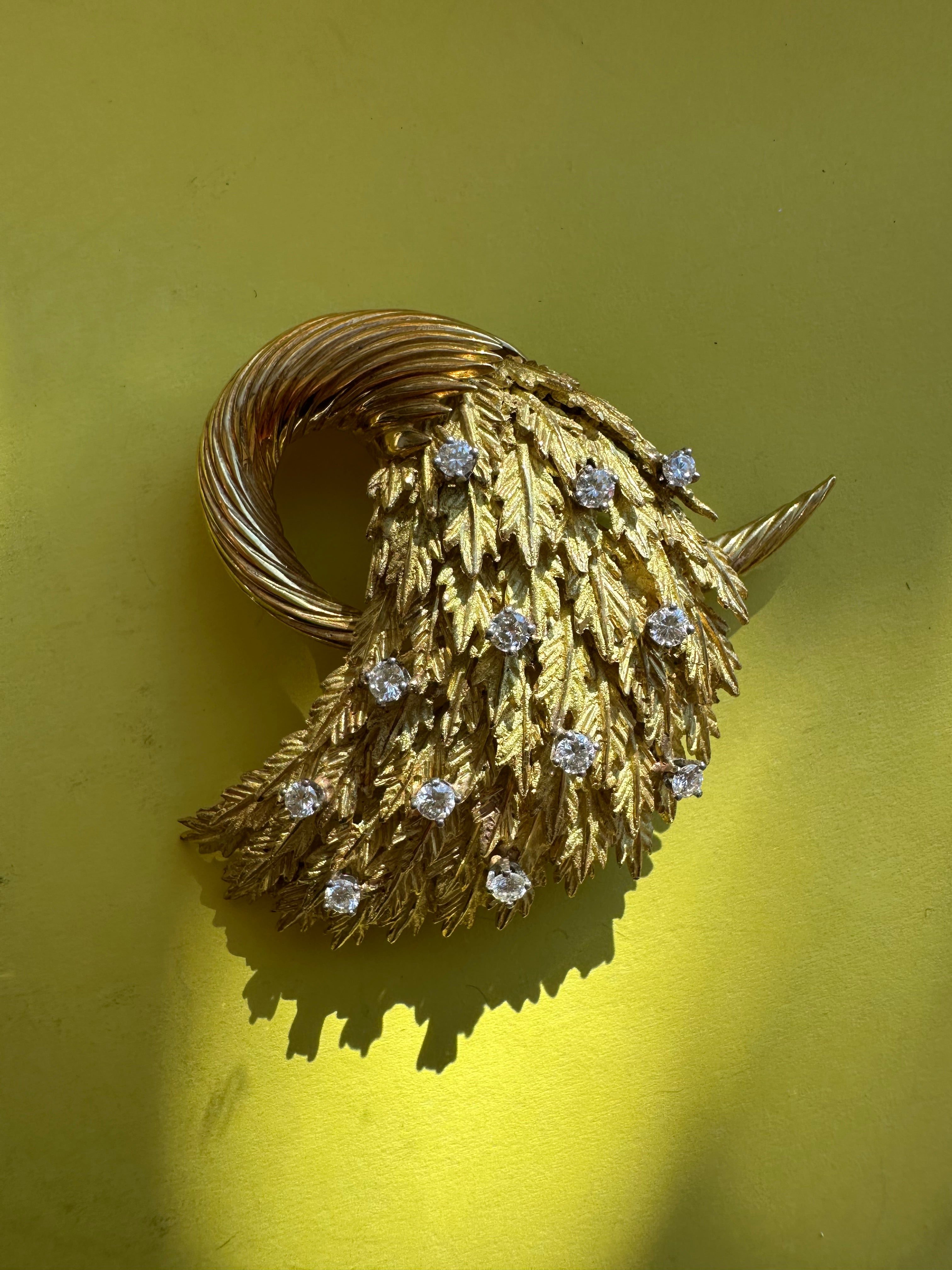 vintage cornucopia feather leaf and diamond brooch