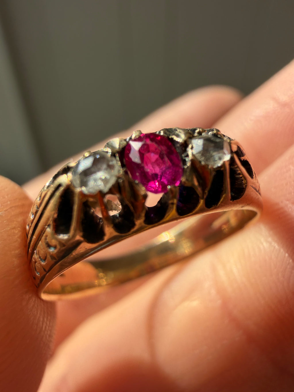antique ruby and single cut diamond ring