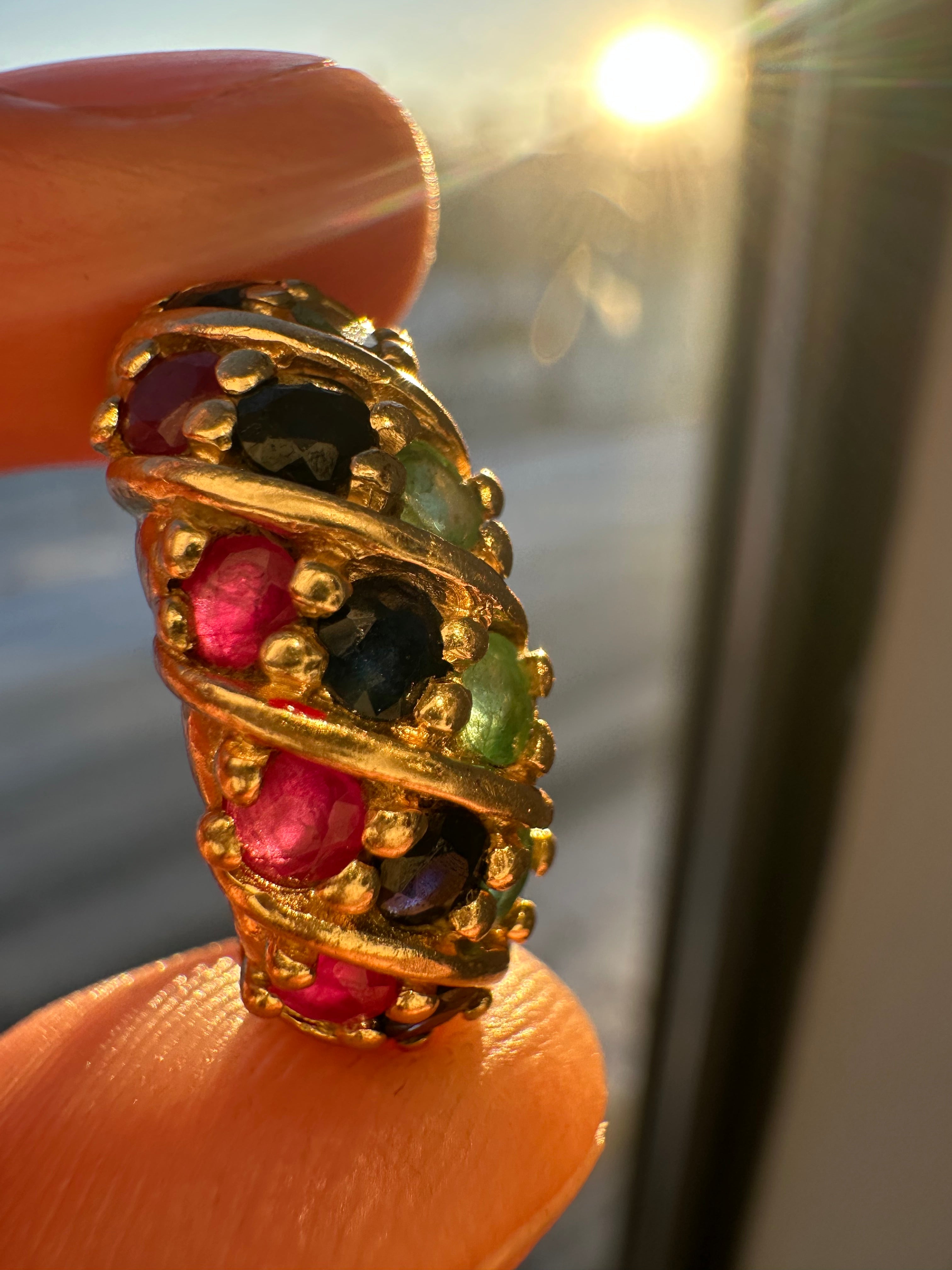 emerald, sapphire + ruby ring