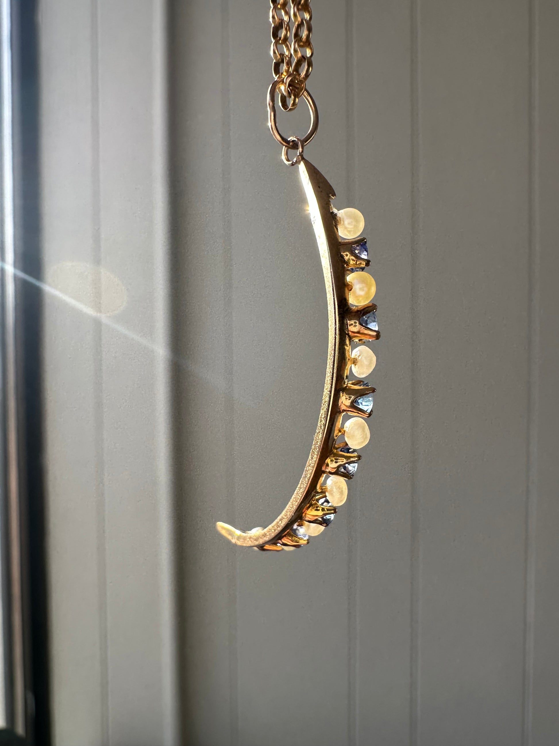 antique sapphire + pearl crescent // pin conversion