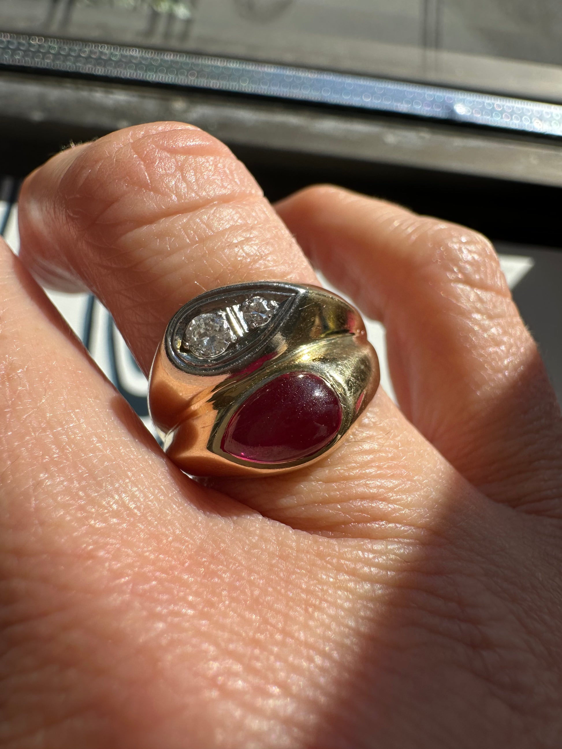 ruby cabochon and diamond side by side ring