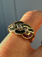 emerald, sapphire, ruby + diamond pretzel band
