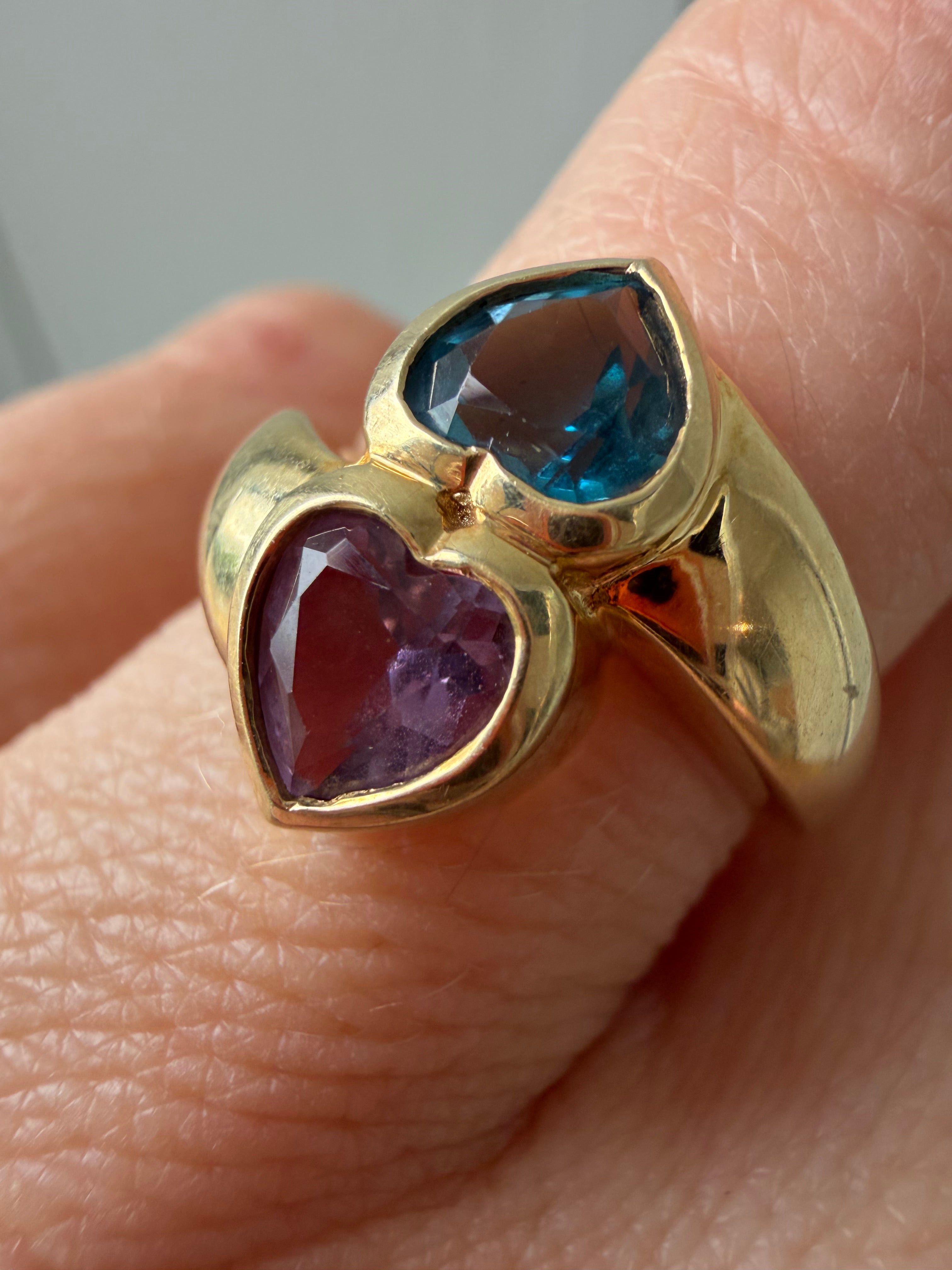 London blue topaz and amethyst double heart ring