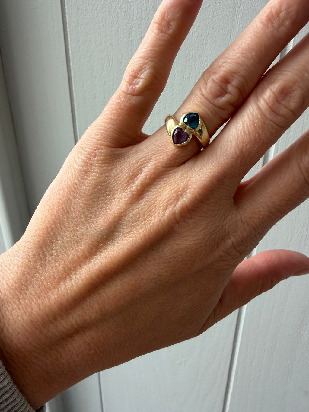 London blue topaz and amethyst double heart ring