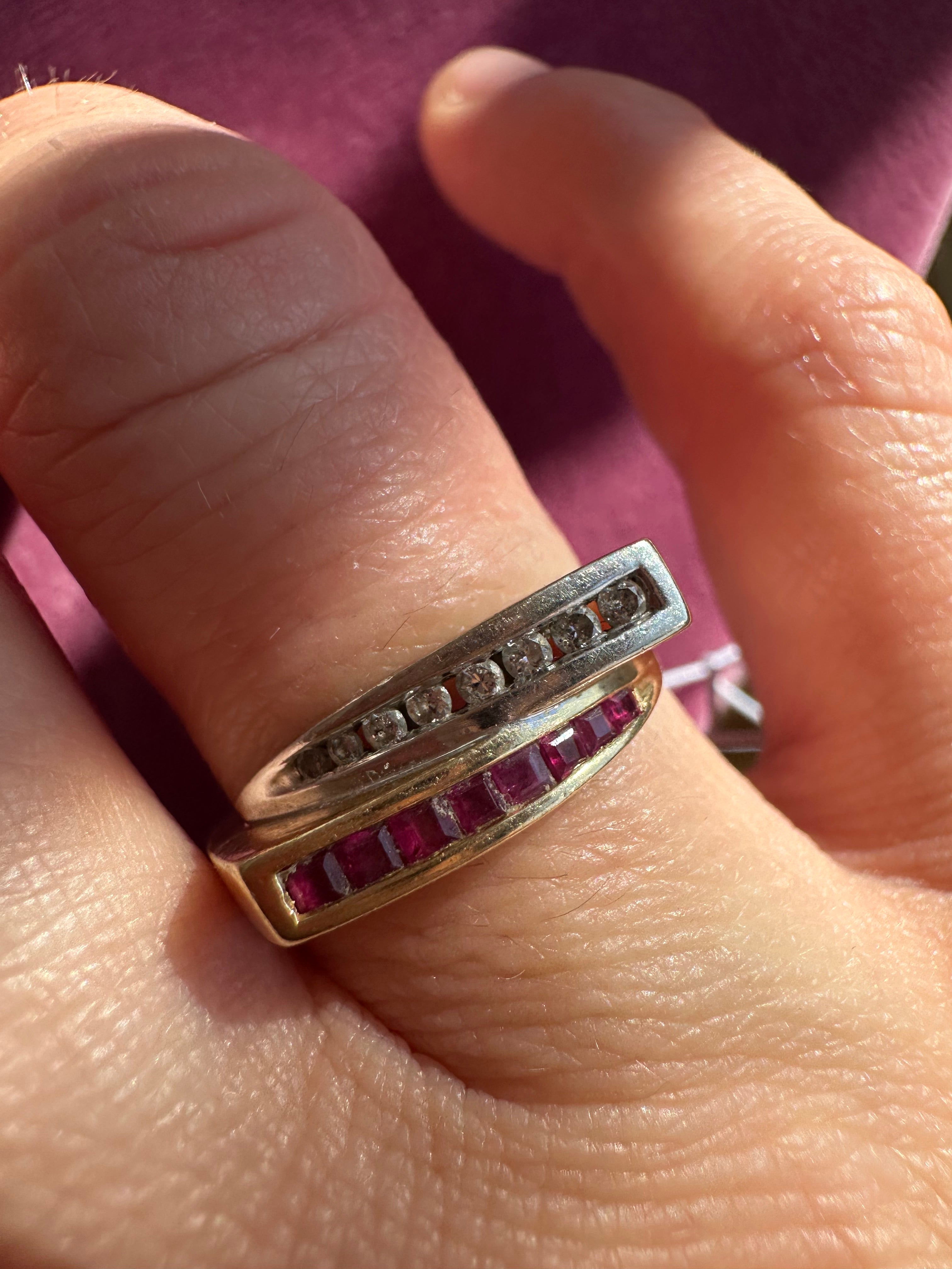 ruby and diamond squared edge ring