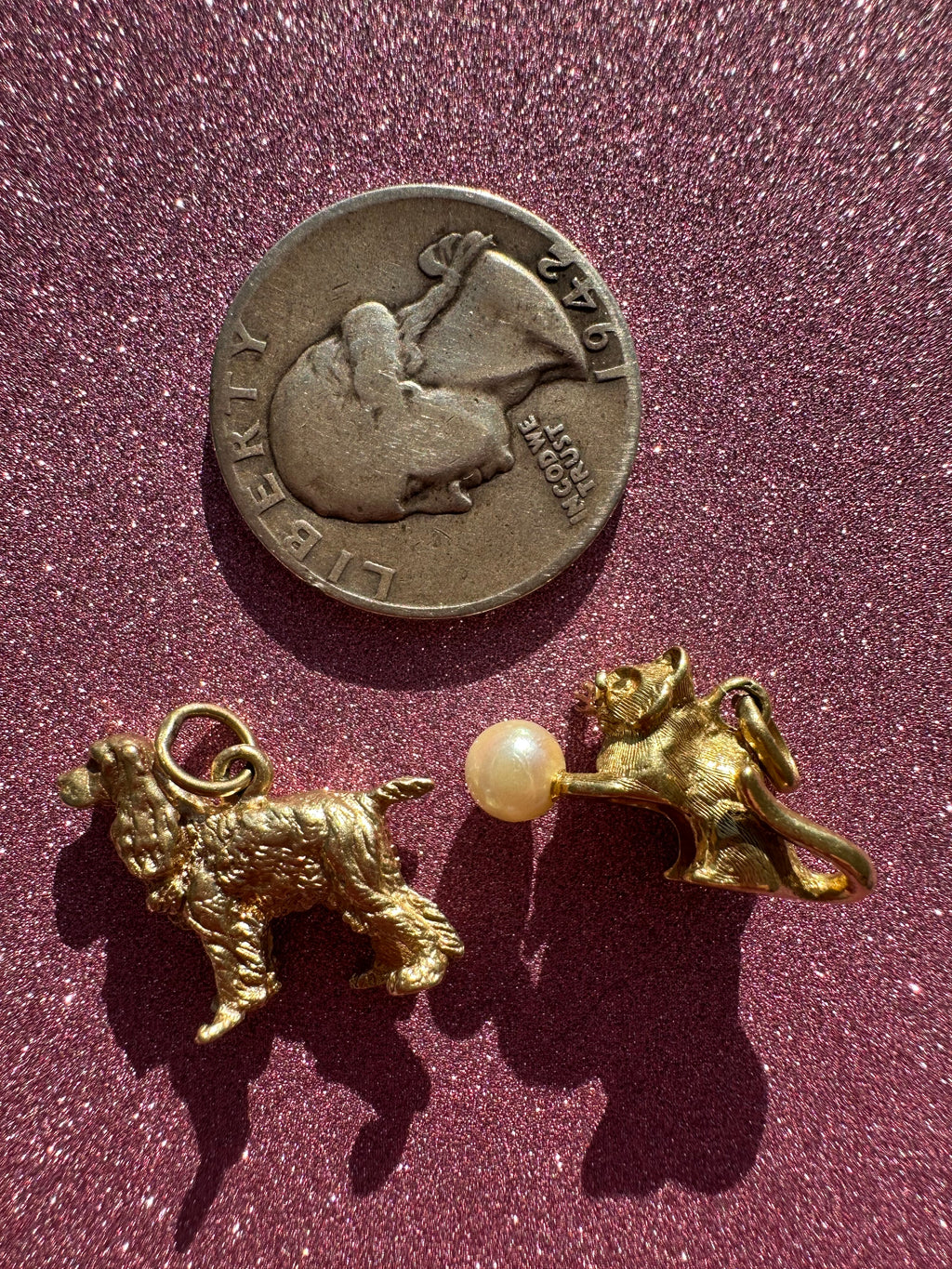 spaniel and cat with “ball of yarn” charms