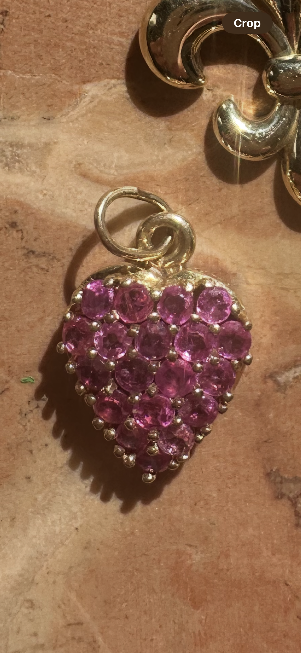 ruby heart, 18k gold open heart and fleur de lis charms