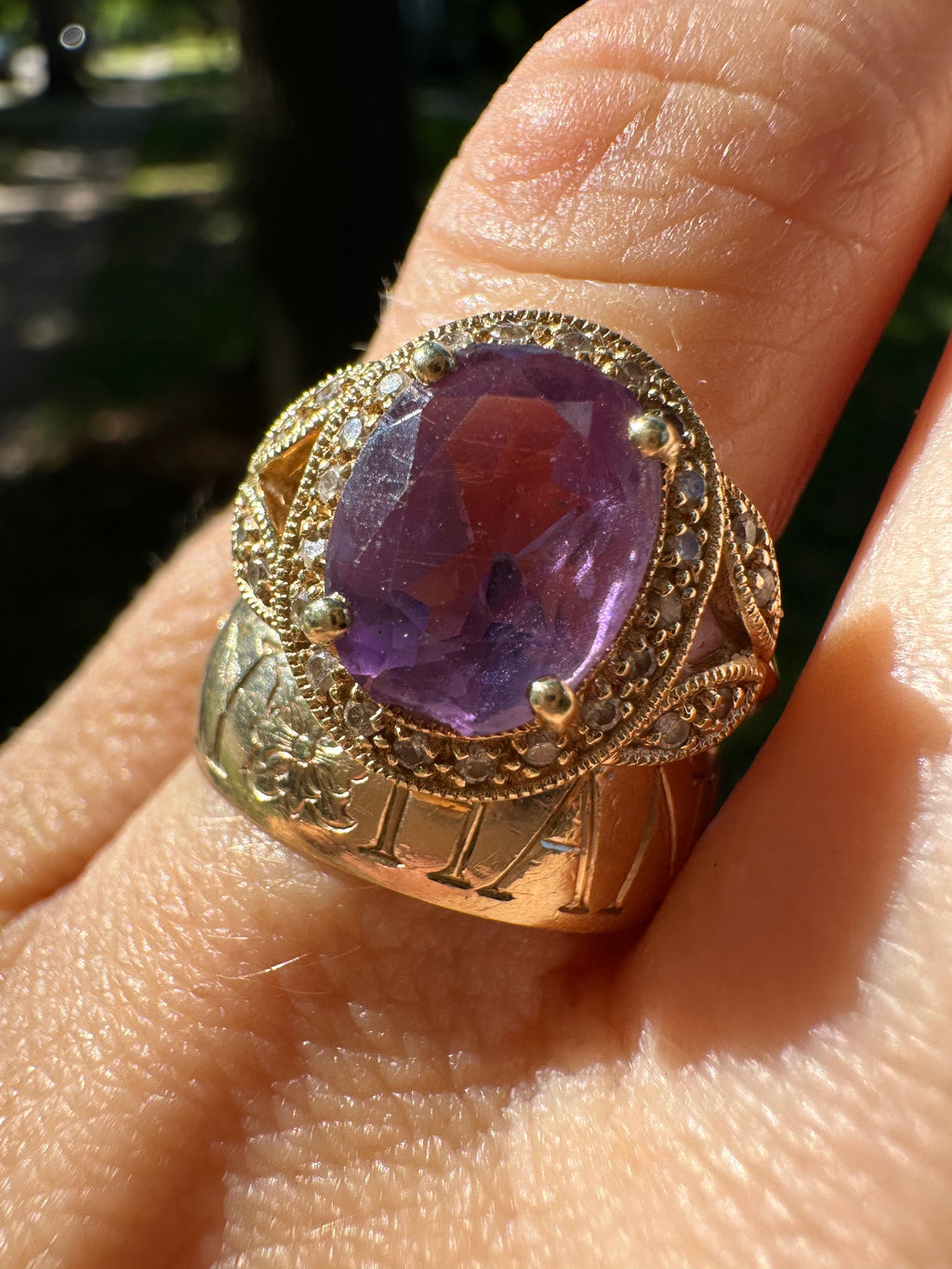 amethyst and diamond halo ring