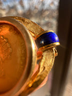 18k gold and blue enamel coin ring