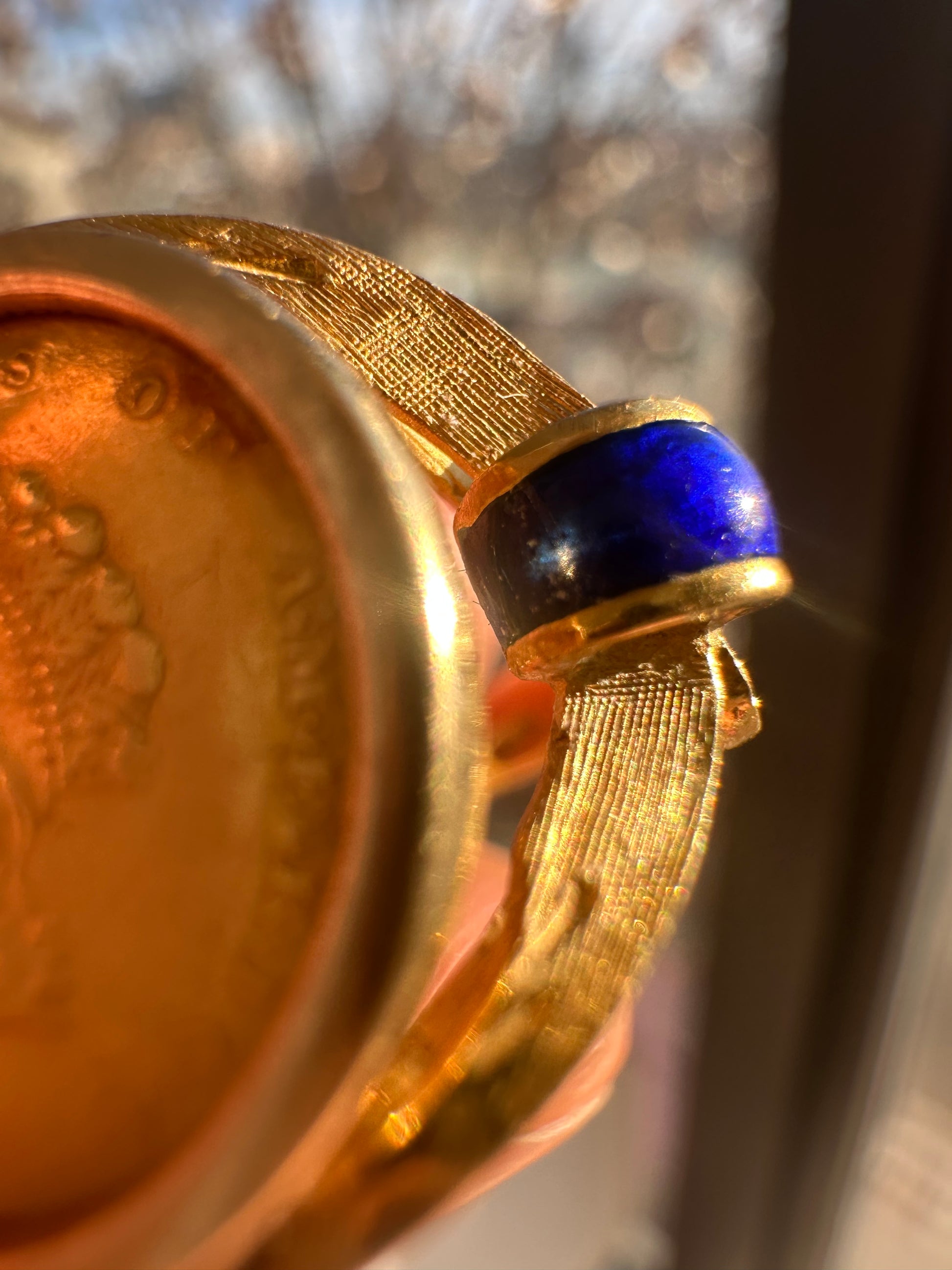 18k gold and blue enamel coin ring