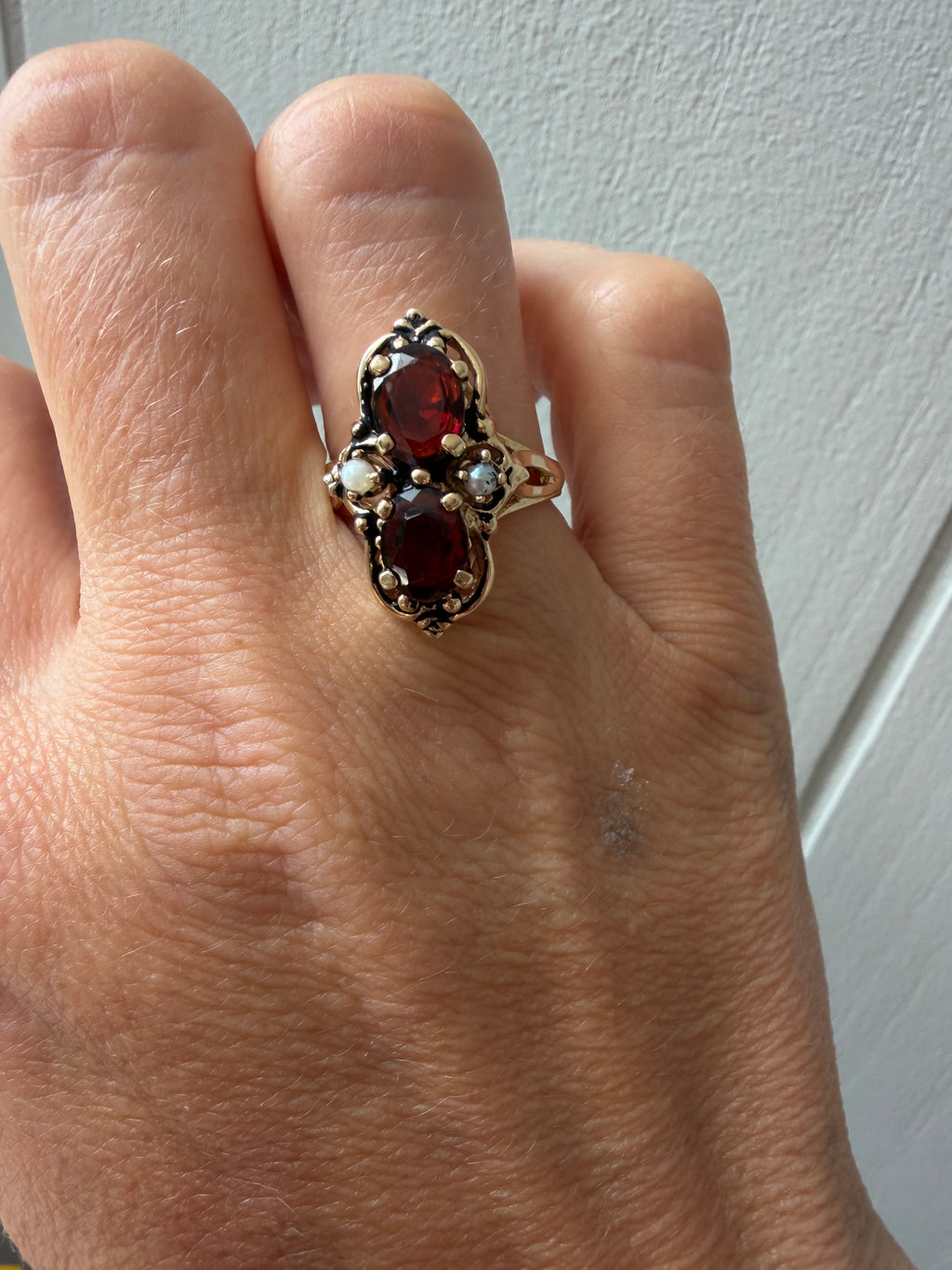 vintage garnet and seed pearl navette ring