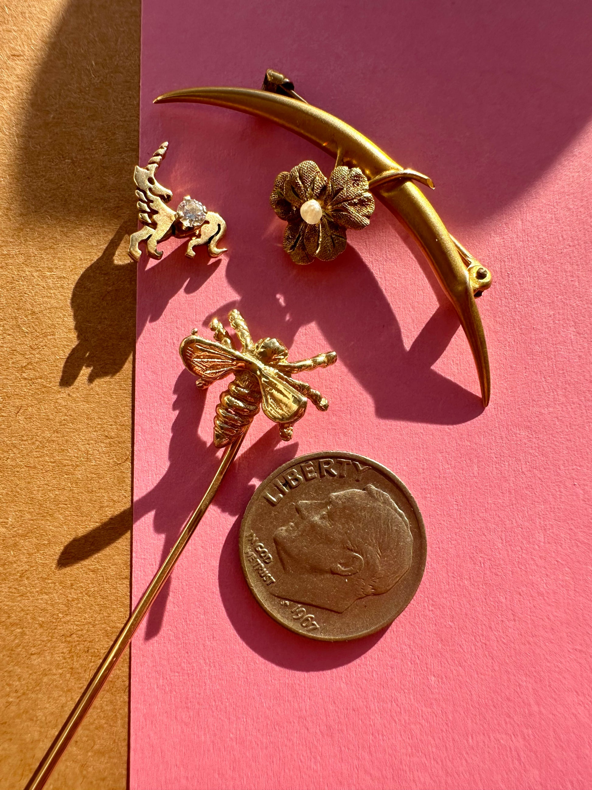 bee stick pin / antique crescent + pansy / unicorn