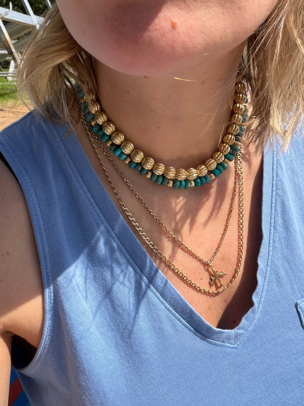 hand strung natural turquoise and vintage gold beads