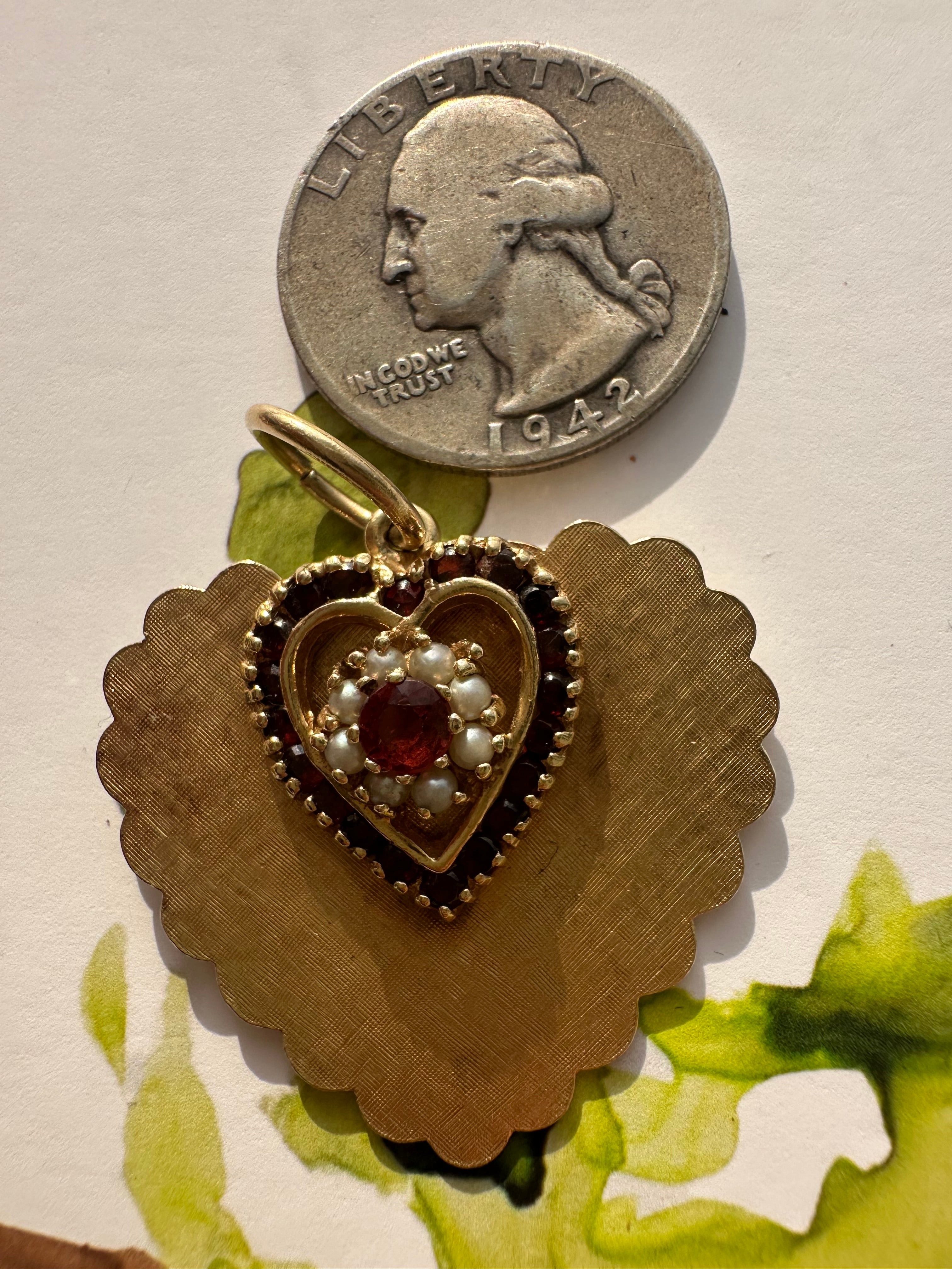 vintage florentine finish garnet and seed pearl heart