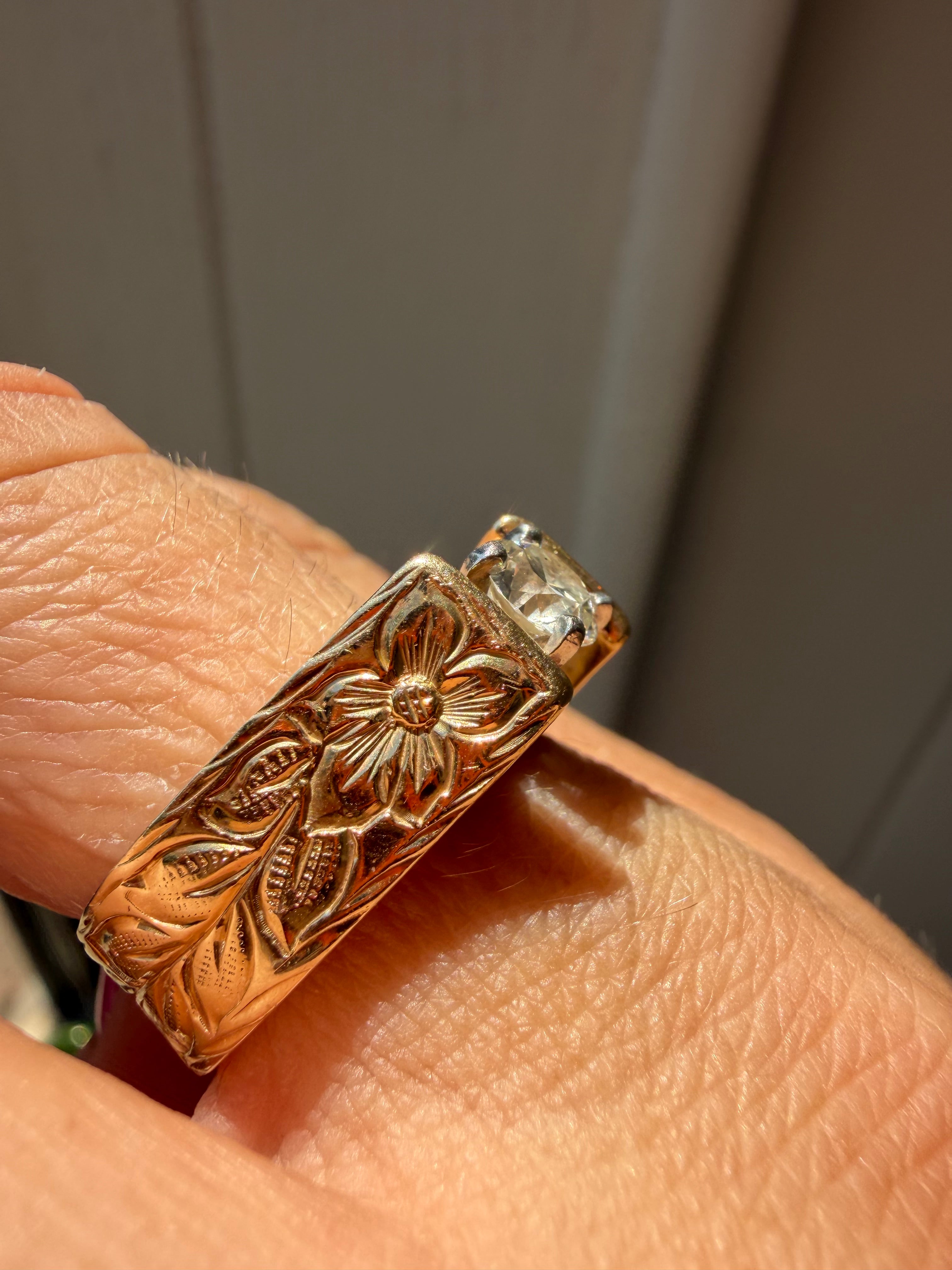 hand engraved floral cathedral style OEC diamond ring