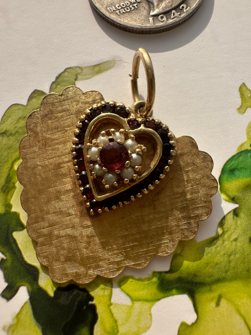 vintage florentine finish garnet and seed pearl heart