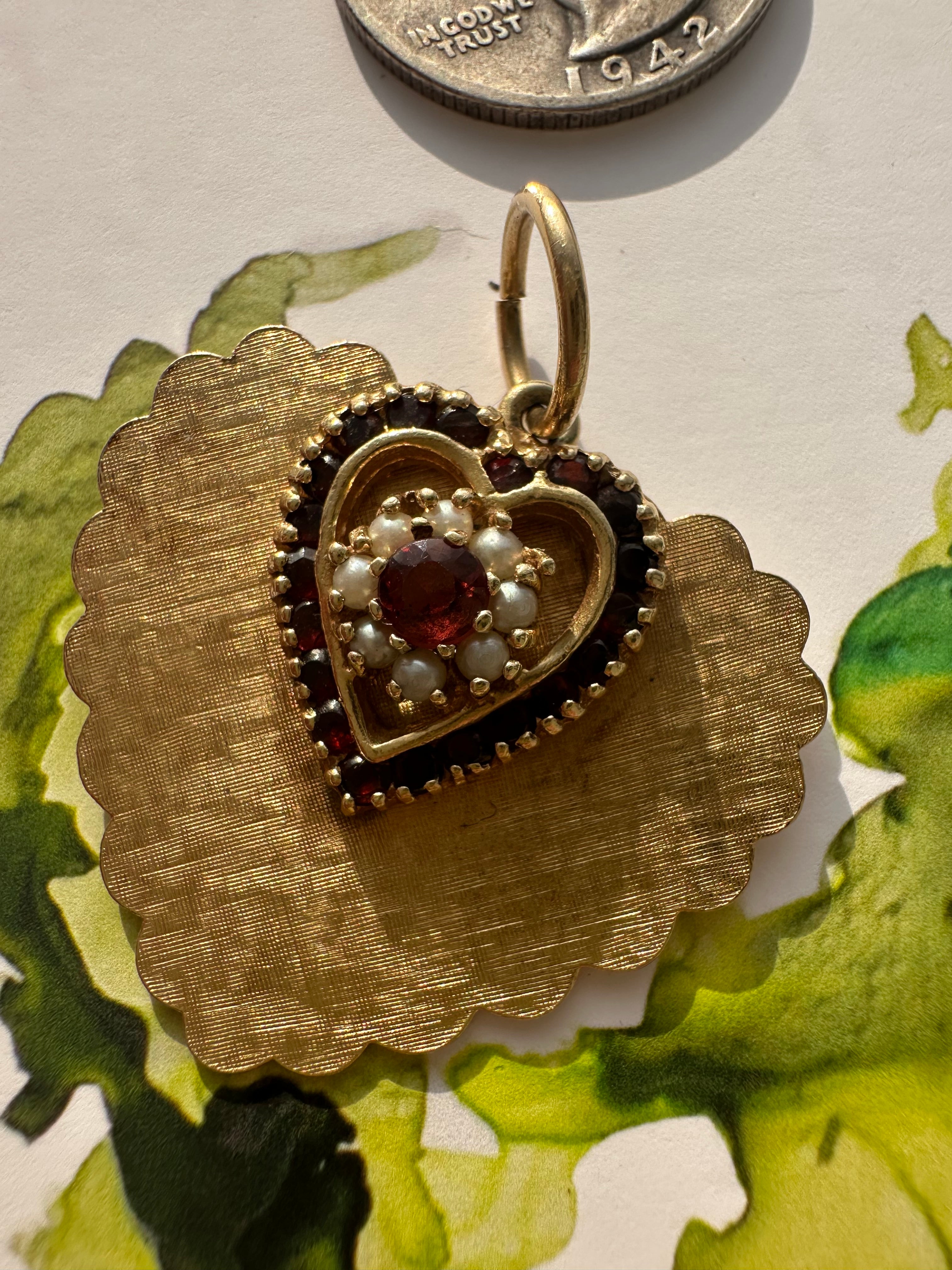 vintage florentine finish garnet and seed pearl heart